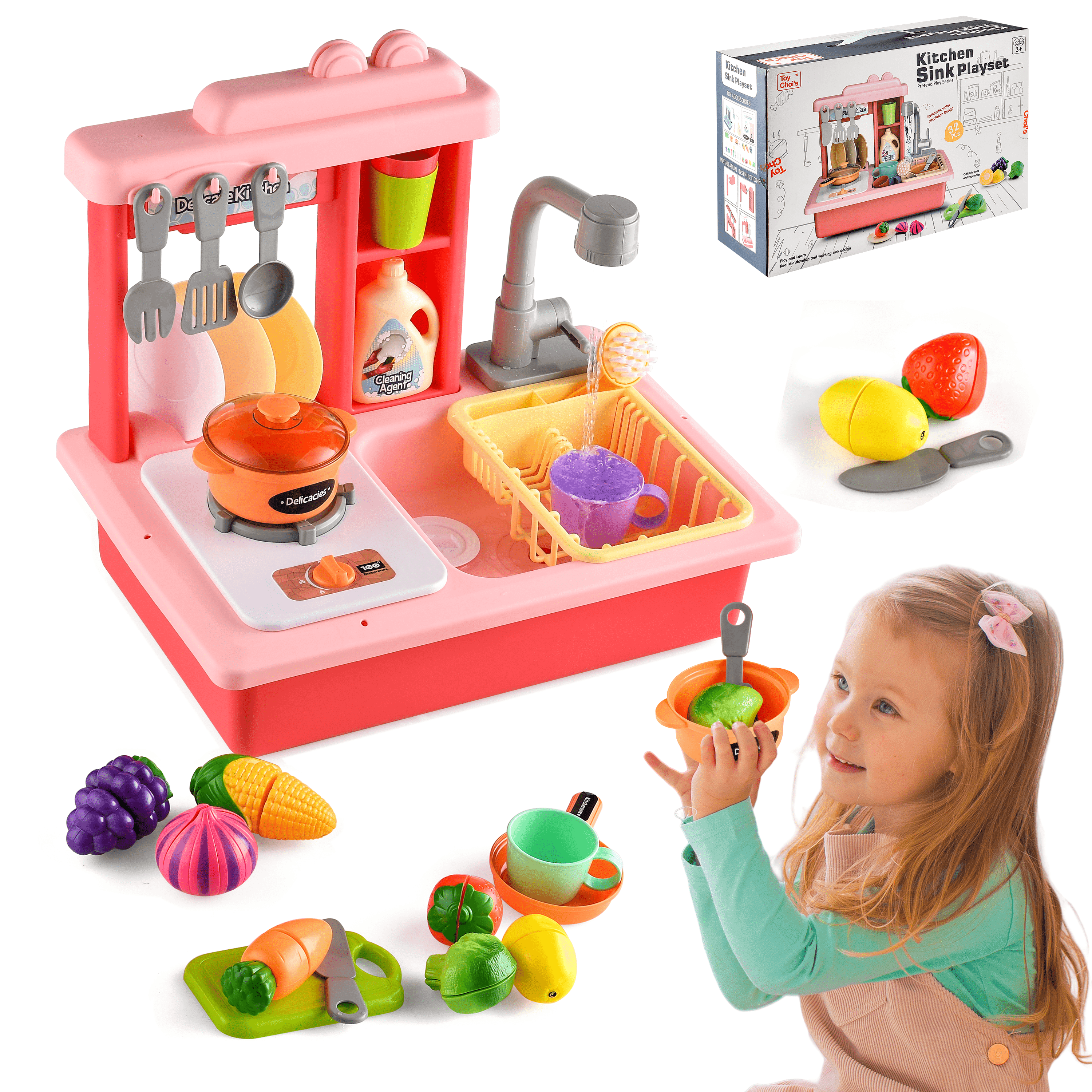 Play Sink with Running Water, Toy Choi's Kitchen Sink Toys with Automatic Water Cycle System, Kids Pretend Play-Dishwasher Play Set for Boys Girls Toddlers 1 2 3 + Years, Green Toy Choi's