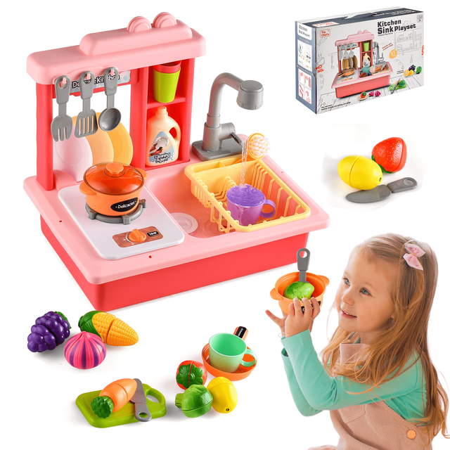 Play Sink with Running Water, Toy Choi' s Kitchen Set for Kids Age 3-6, Pretend Play Kitchen Toy, Toddler Sink with Running Water, Pink Toy Choi's