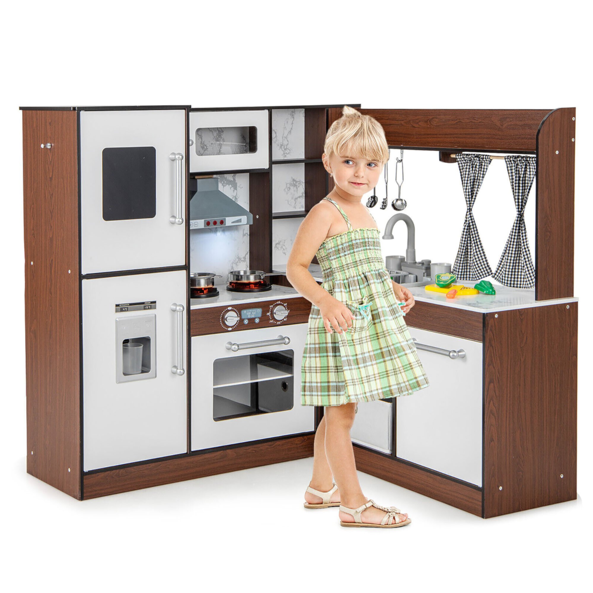 Gymax Wooden Corner Play Kitchen w/ Lights & Sounds Water Circulation System for Kids GYMAX