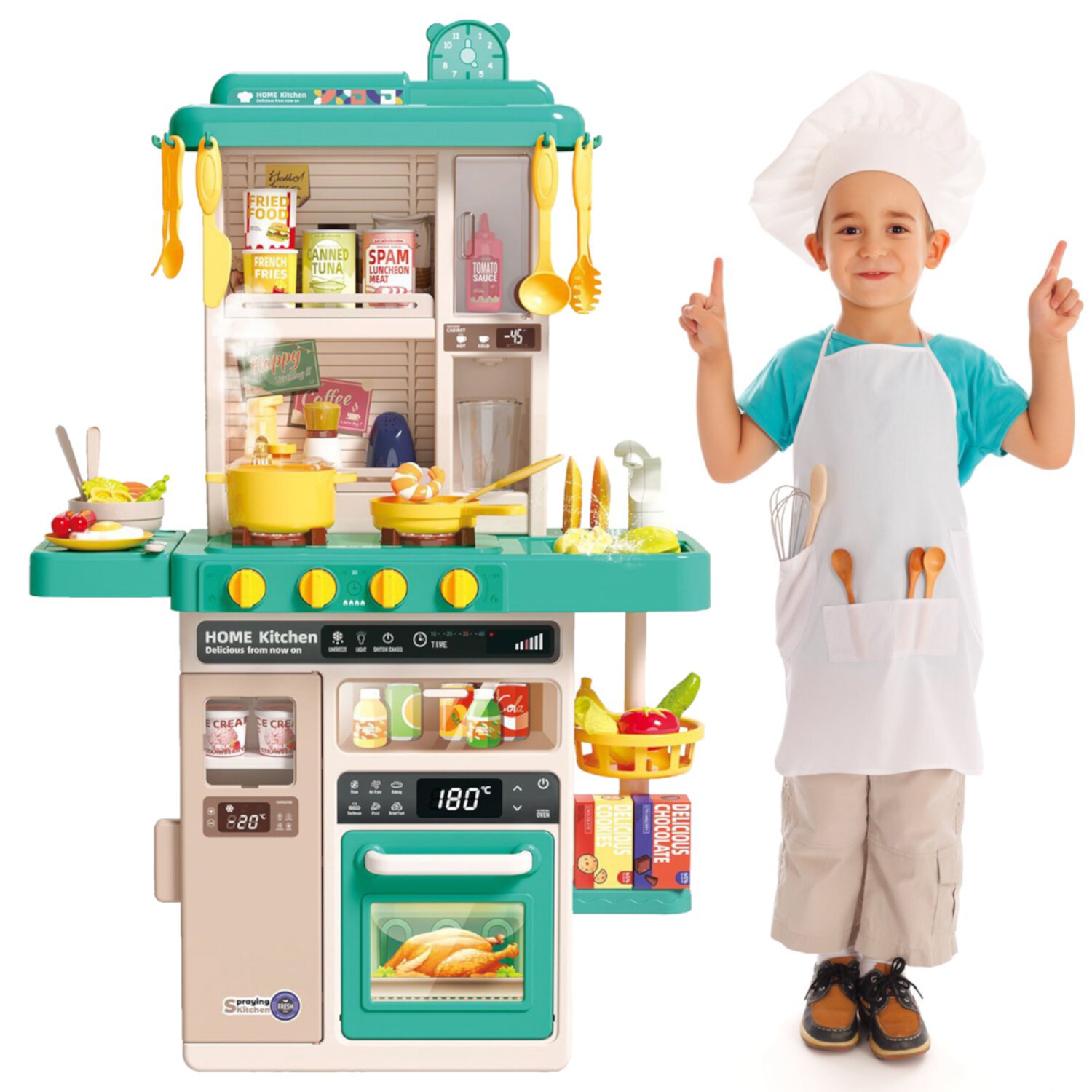 Teqhome Interactive Kids Kitchen Play Set Kitchen Set for Toddler with Sound Light Water Circulation System 50Pcs Cooking Accessories Pretend Kitchen Toys for 3+ Kids Girls Boys Green TeqHome