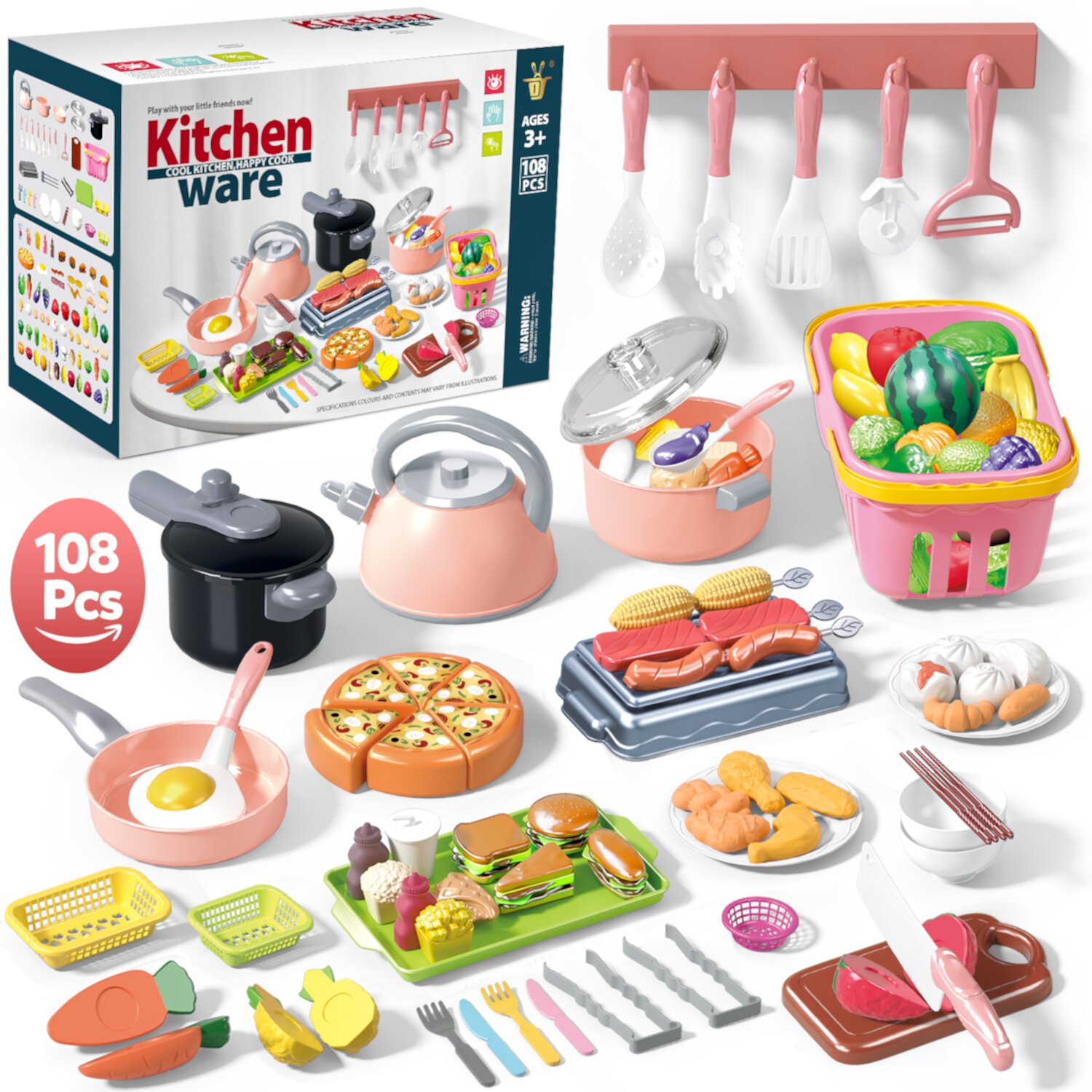 Huge Wave 108Pcs Kids Pretend Play Kitchen Accessories Set, Toddlers Kitchen Pretend Play Toys, with Pots and Pans, Cookware Toys, Food Cooking Playset for Girls and Boys Age 3-8 Huge Wave