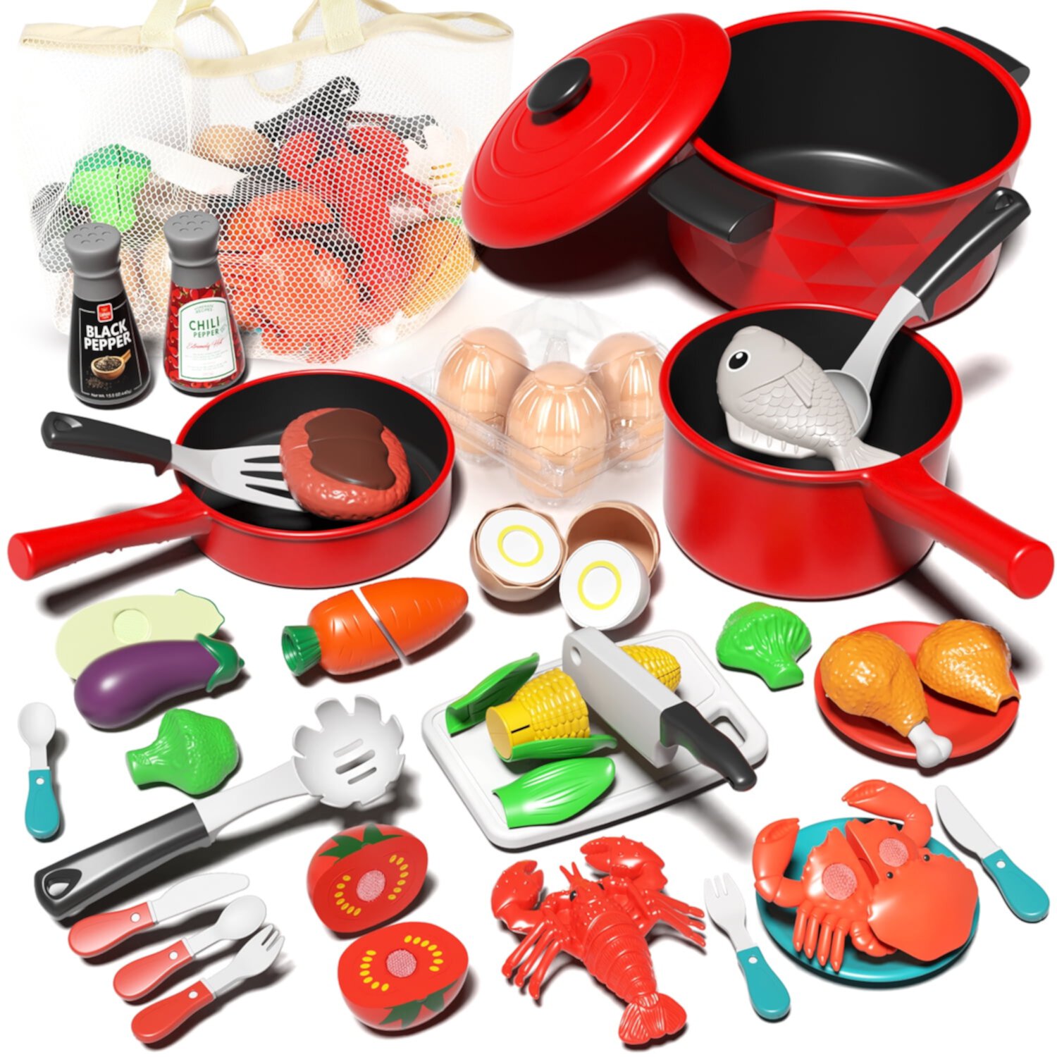 Pretend Play Food for Kids Kitchen - Cutting Toy Food with Storage Bag, Food Toys with Dumplings Steak, Fake Food with Bread Toy, Pretend Food, Play Kitchen Accessories, Boys Girls Gift Lehoo Castle