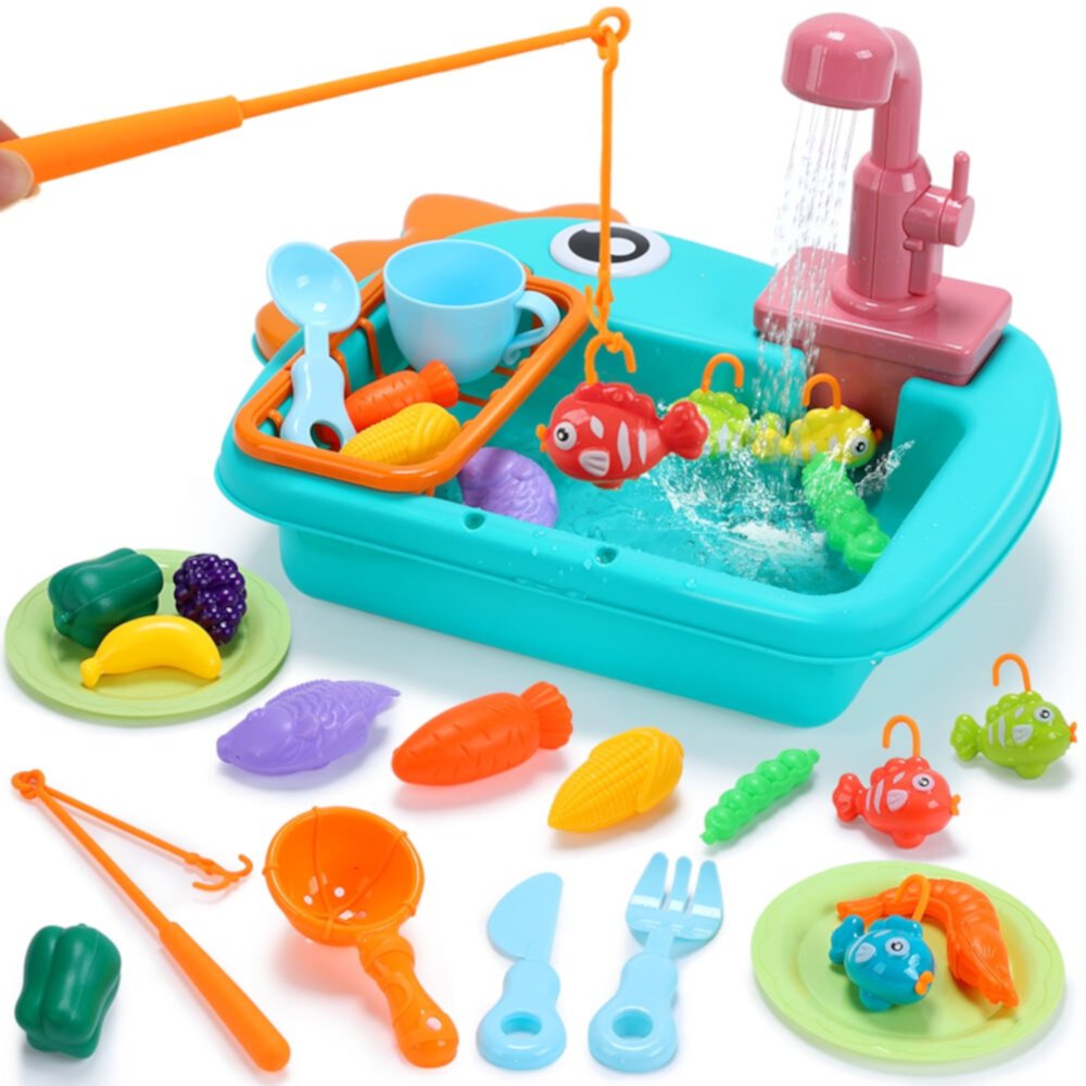 JoyStone 24 PCS Kitchen Play Sink Toys, Dinosaur Electronic Dishwasher Sink with Running Water, Fishing Game Toys and Play Food for Kids, Blue JoyStone