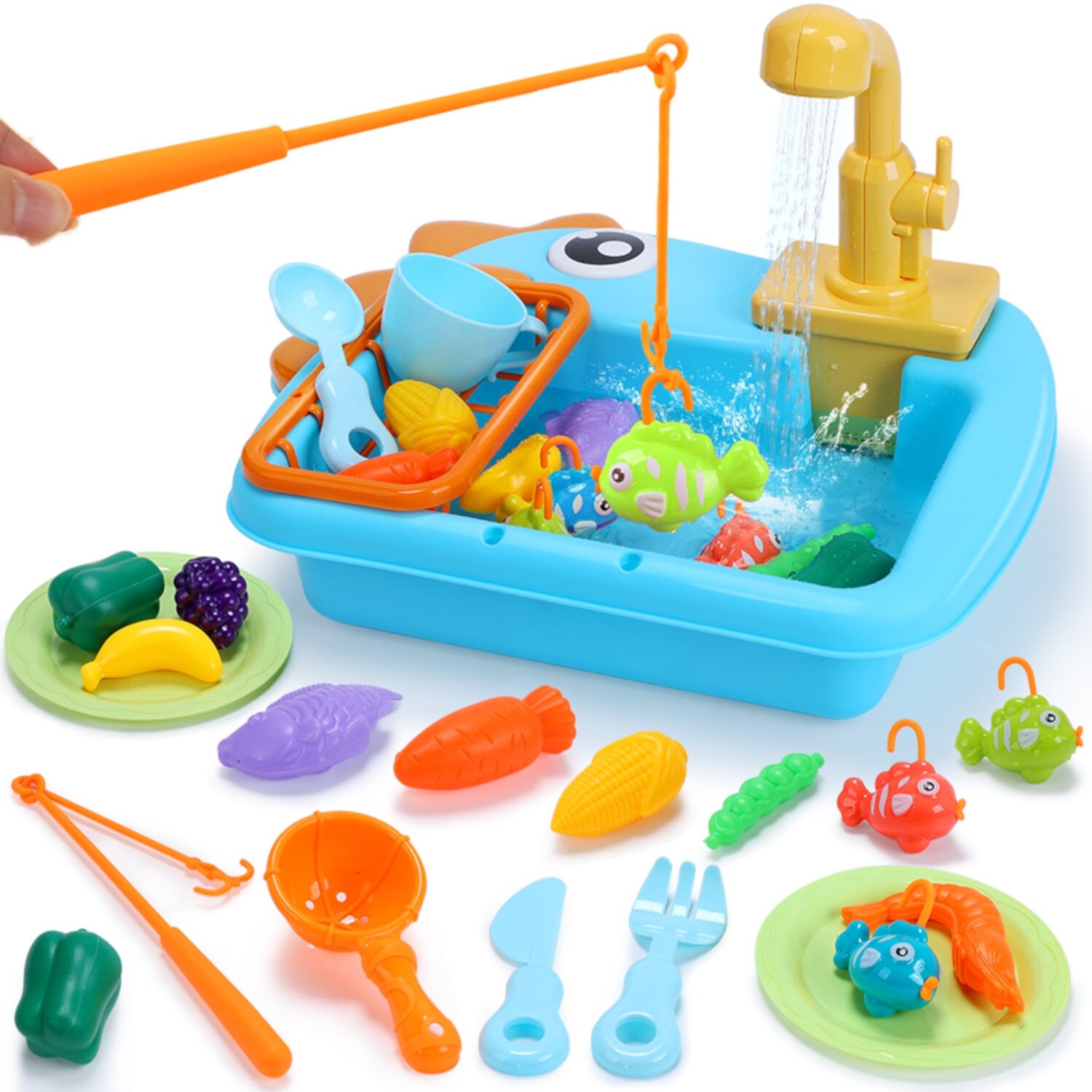 JoyStone 26 Piece Kitchen Sink Toys ABS Play Kitchen with Play Cooking Stove Dish Rack & Play Cutting Food for Kids Toddlers, Multi-color JoyStone