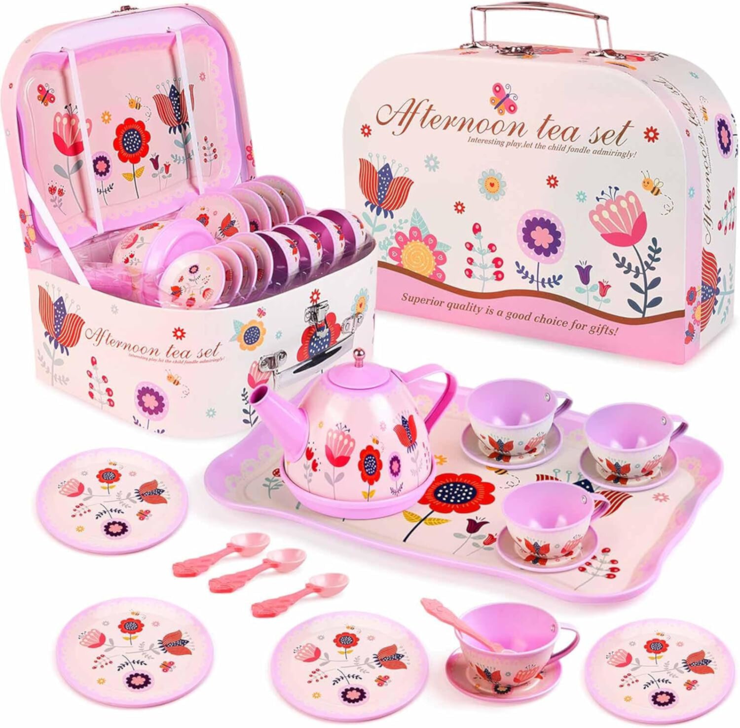 Style-Carry Kids Tea Set for Little Girls, Princess Tea Party Set for Toddlers Flower Design Toy Tea Set, Pretend Play Toys for Kids Style-Carry