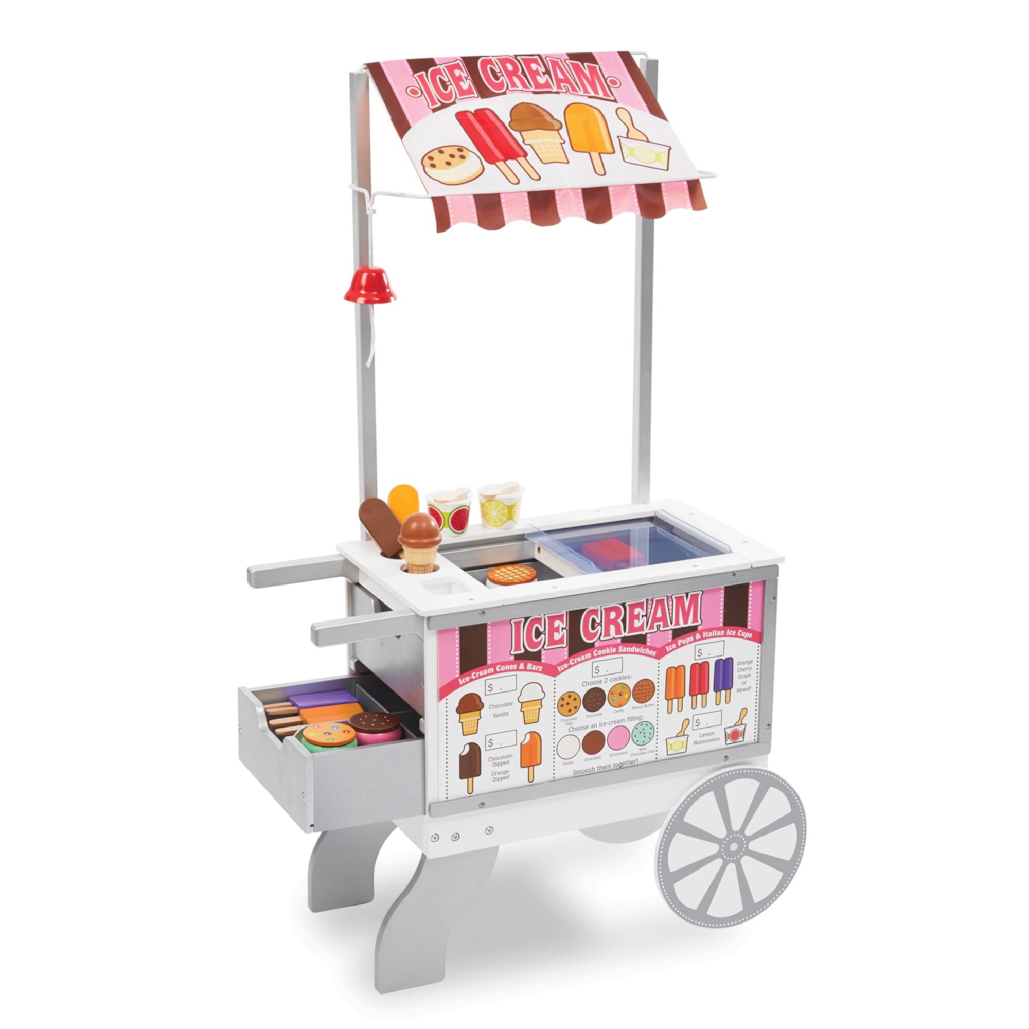 Melissa & Doug Wooden Snacks and Sweets Food Cart - 40+ Play Food Pieces, Reversible Awning Melissa & Doug