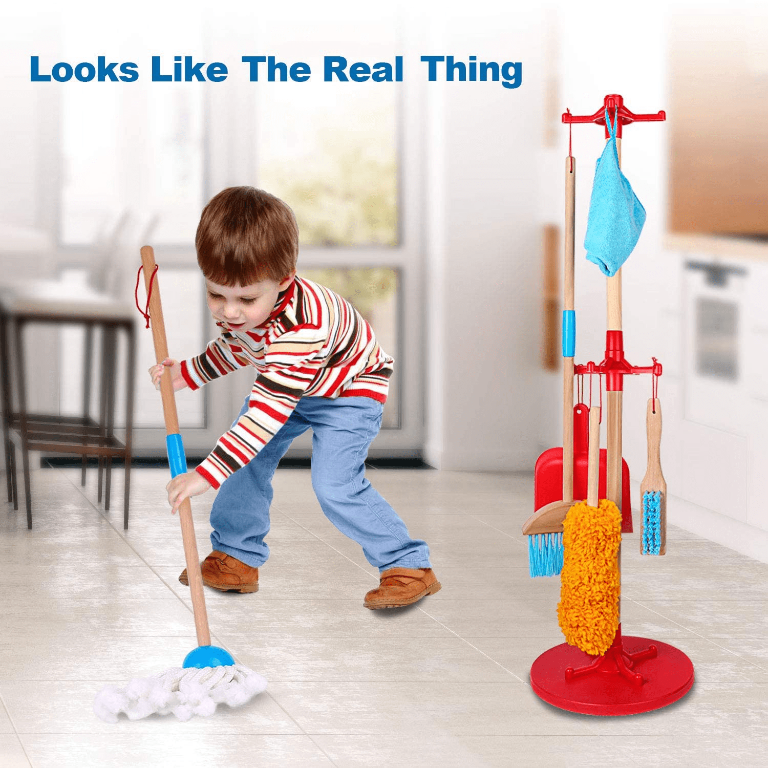 SUPER JOY Wooden Cleaning Toys Set, 7 Pcs Children Detachable Cleaning Tool with Broom, Mop, Duster, Dustpan, Brush, Rag, Hanging Stand, Housekeeping Toys Gift for Girls & Boys Super Joy