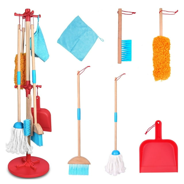 SUPER JOY Wooden Cleaning Toys Set, 7 Pcs Children Detachable Cleaning Tool with Broom, Mop, Duster, Dustpan, Brush, Rag, Hanging Stand, Housekeeping Toys Gift for Girls & Boys Super Joy