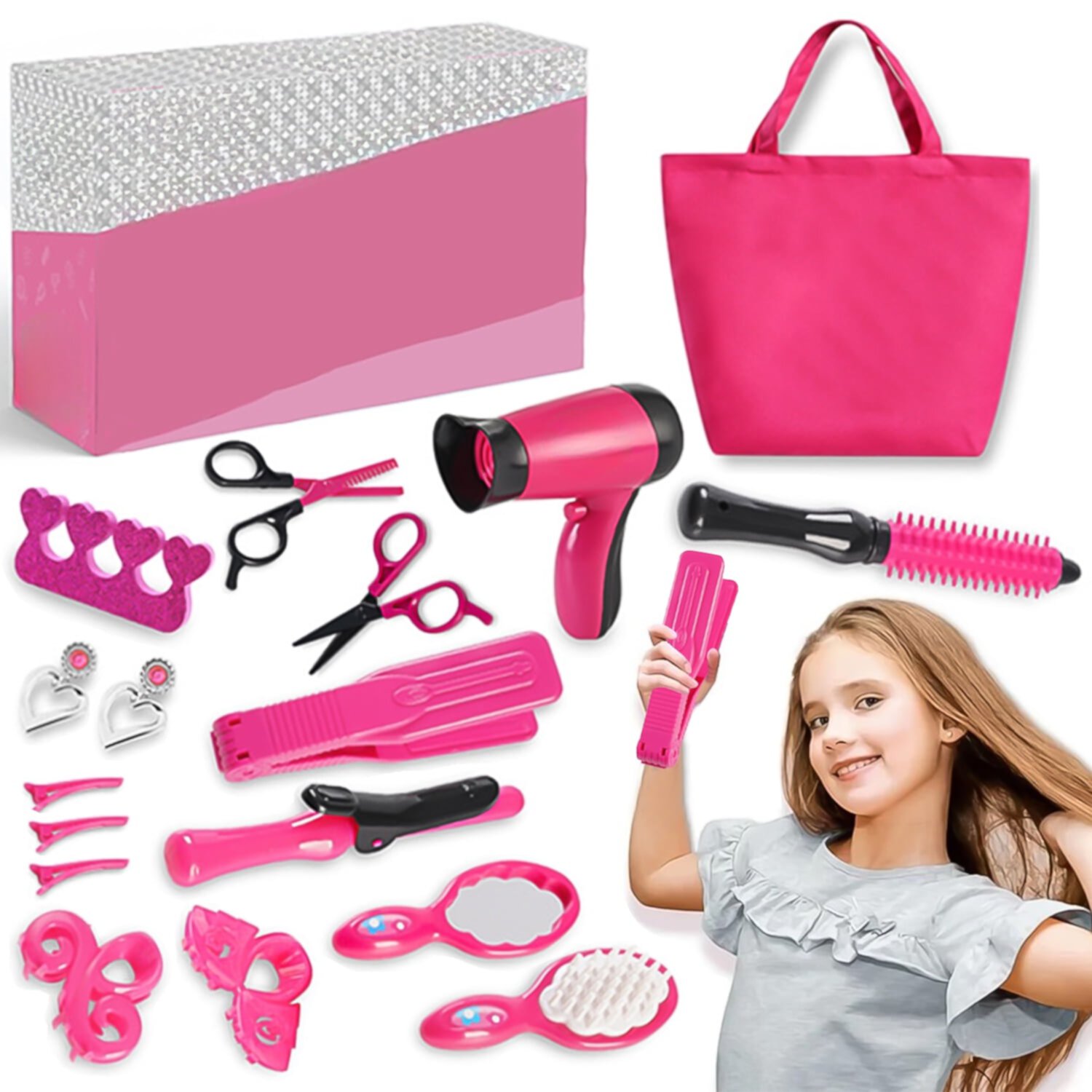 Style-Carry Girl Makeup Kit, Pretend Play Hair Salon Set for Little Girls, Toddler Toys Doll Accessories, Kids Hair Salon Playset Toys for 3 4 5 6 7 Year Old Girls Christmas Birthday Gifts Ideas Style-Carry