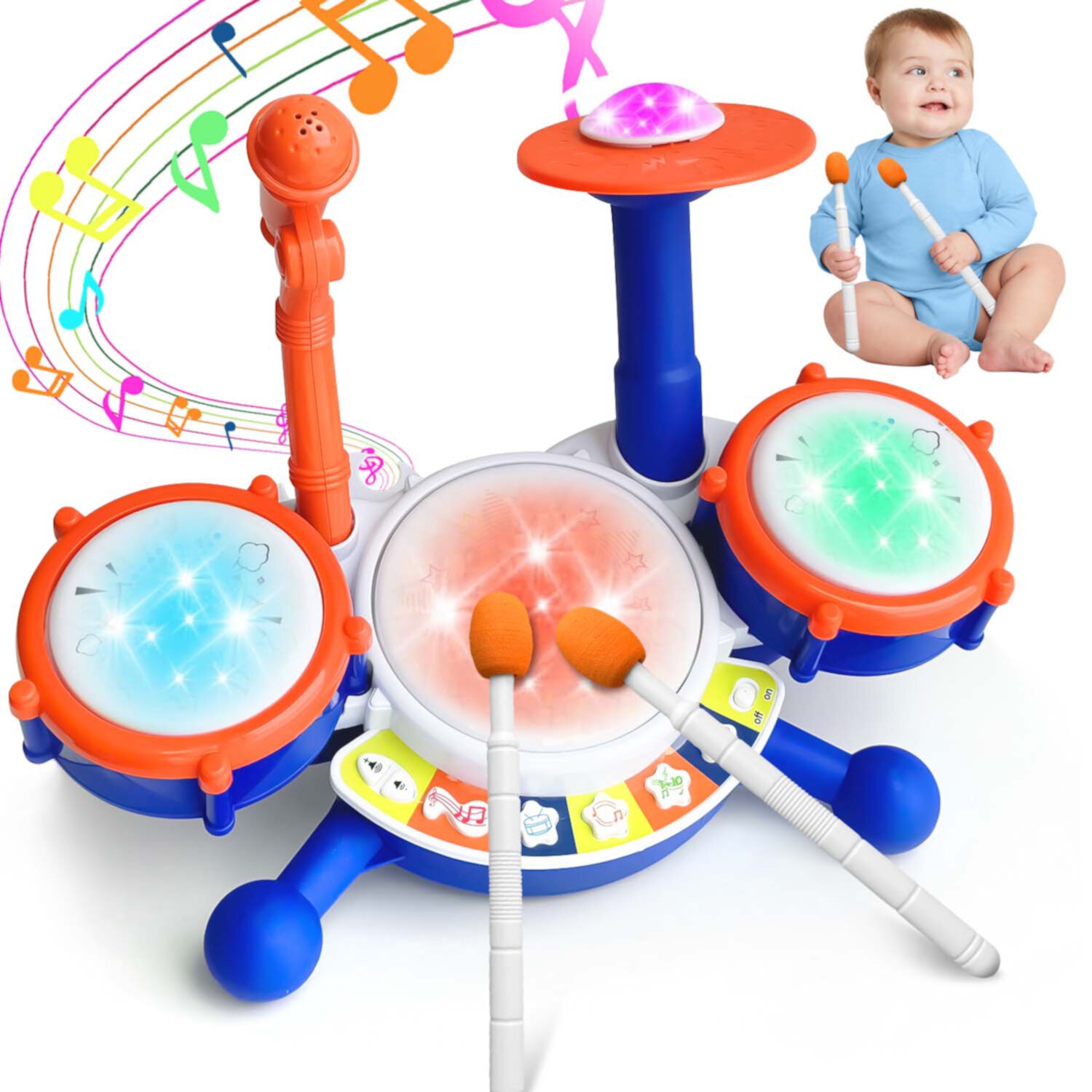 Kid Odyssey Kids Drum Set for Toddlers 1-3, Baby Drum Kit Musical Toys with Microphone and Light Piano Keyboard, Early Learning Instruments Toys for Kids Toddlers Boys Girls Kid Odyssey