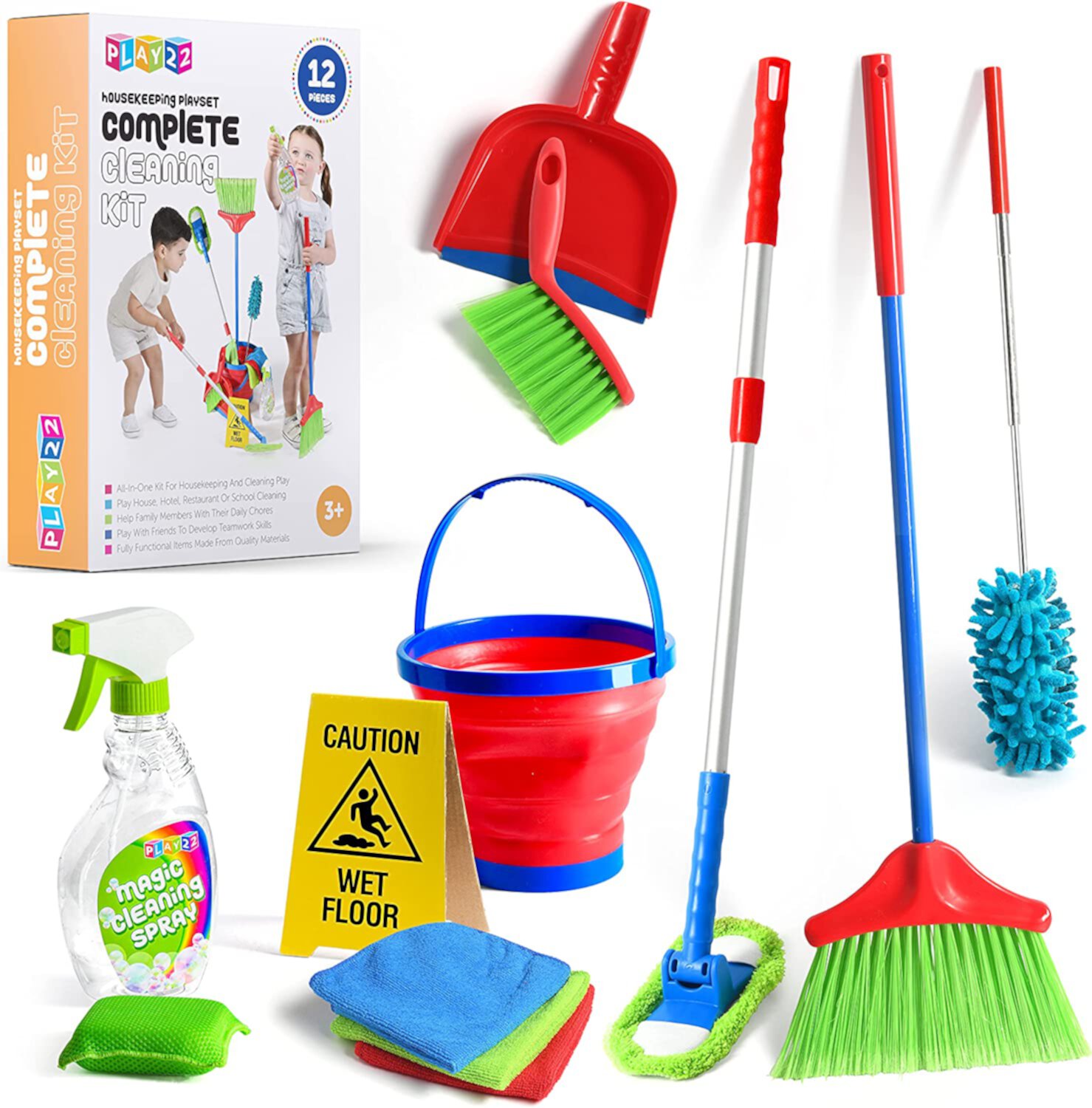 Kids Cleaning Set 12 Piece - Toy Cleaning Set Includes Broom, Mop, Brush, Dust Pan, Duster, Sponge, Clothes, Spray, Bucket, Caution Sign, - Toy Kitchen Toddler Cleaning Set - Play22USA Play22