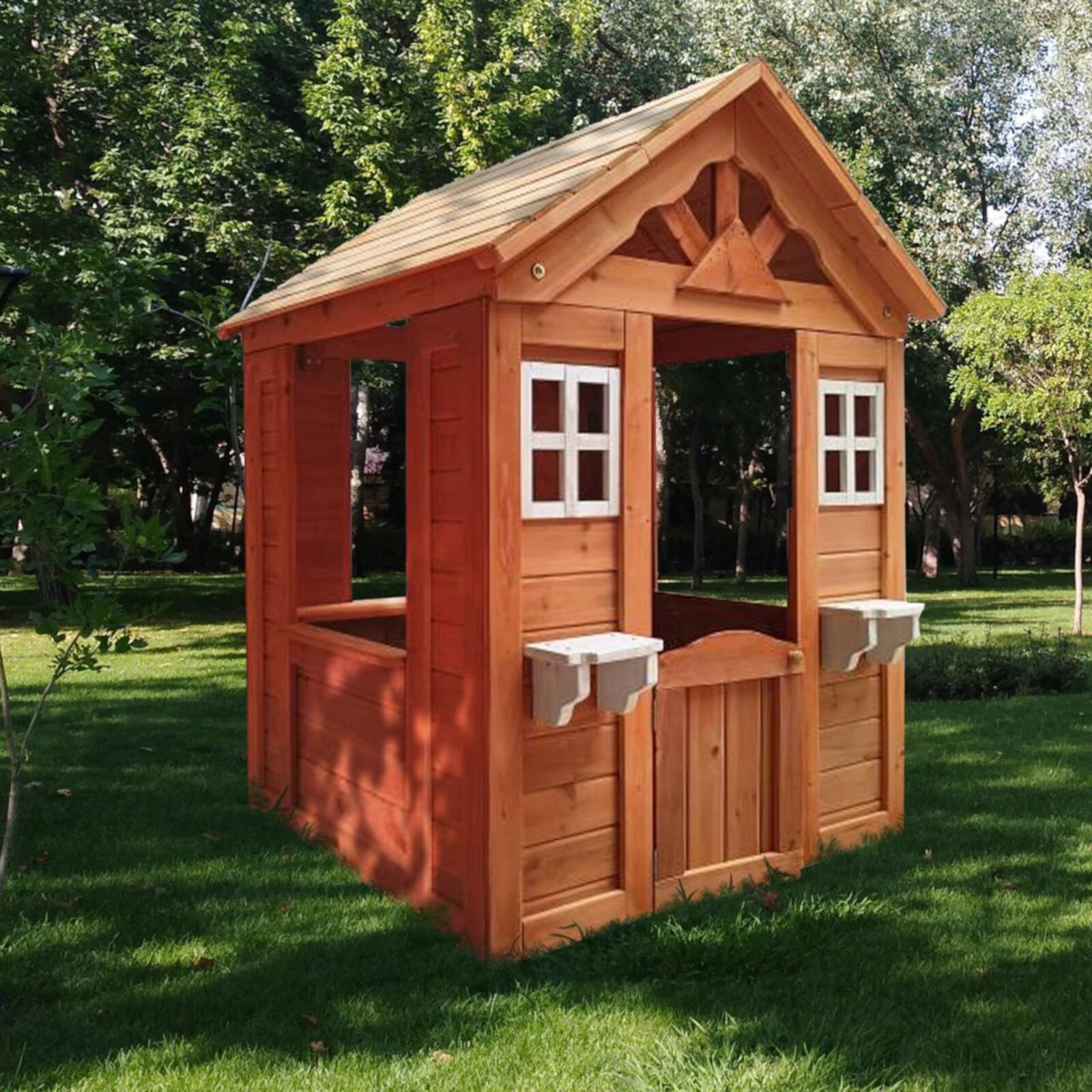 Juiluna Outdoor Playhouse for Boys Girls Pretend Play Wooden Cottage Playhouse with Flowerpot Holder Window for Outdoor Garden Lawn Patio Yard (42"L x 46“W x 55"H) Juiluna