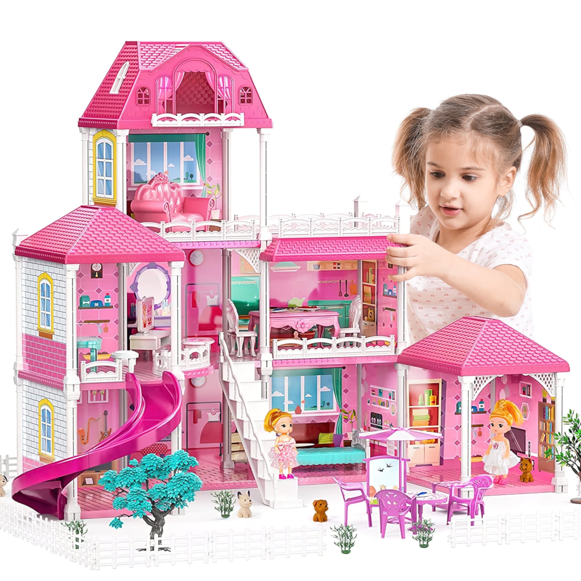 Freecat 3-Story 8 Rooms Playhouse with 2 Dolls Toy Figures, Doll House Funiture with Slide, Birthday Christmas Gift Toys for Girls Boys Age 3+ Freecat