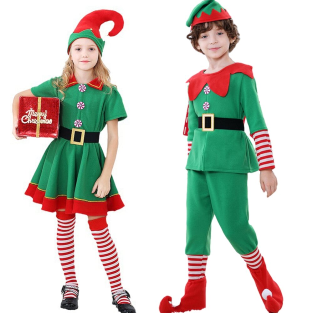 GYRATEDREAM Kids Christmas Elf Costume for Girls Santa Helper Costume Xmas Festive Outfit with Elf Hat Shoes Belt Striped Stockings for 9-10Y Green Gyratedream