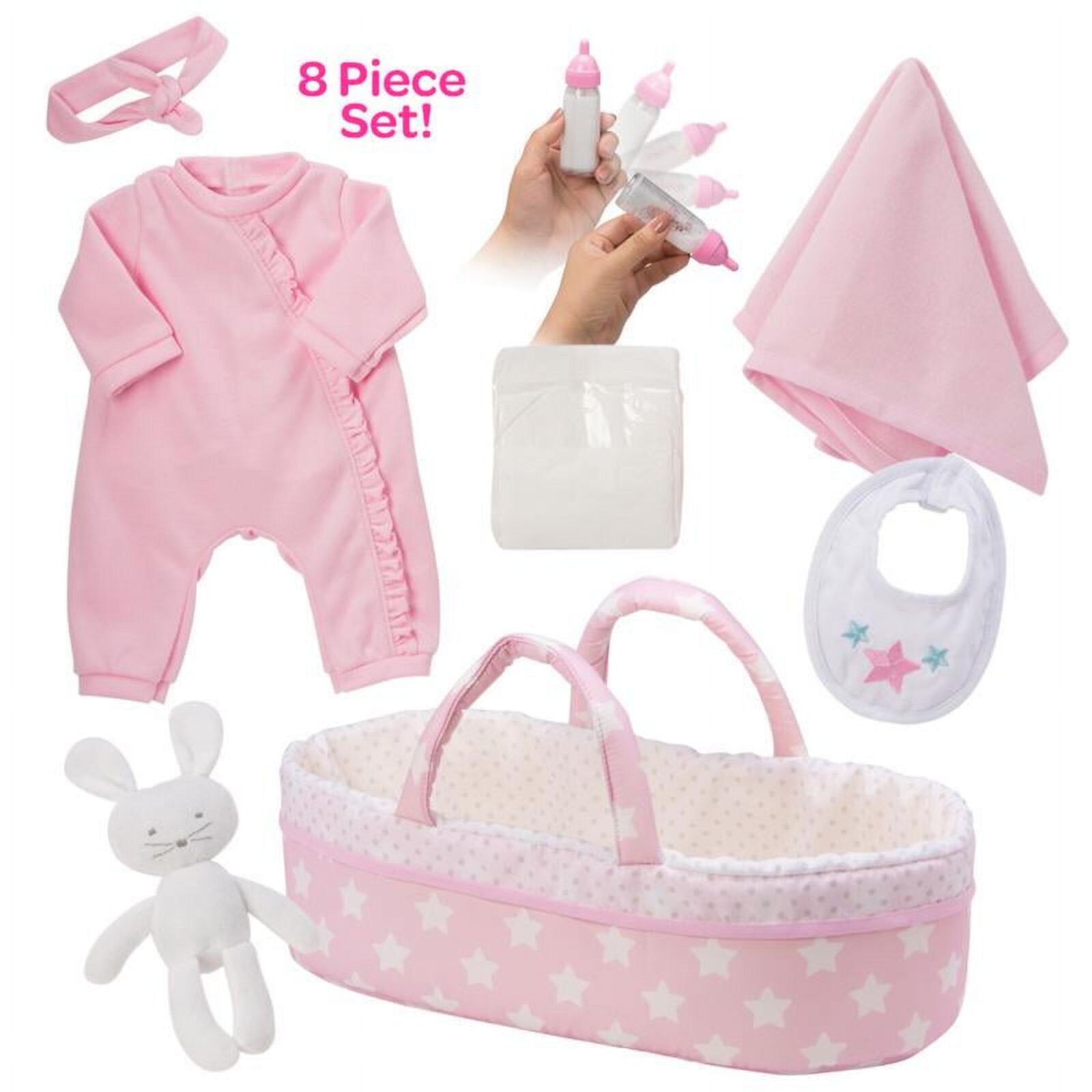 Adora Adoption Babies Essentials, 8-Piece Adoption Baby Doll Accessories and Bunny Toy includes Pink Bassinet, Ruffled Onesie, Headband, Blanket, and Bottle Birthday Gift For Ages 3+ - It's A Girl Adora