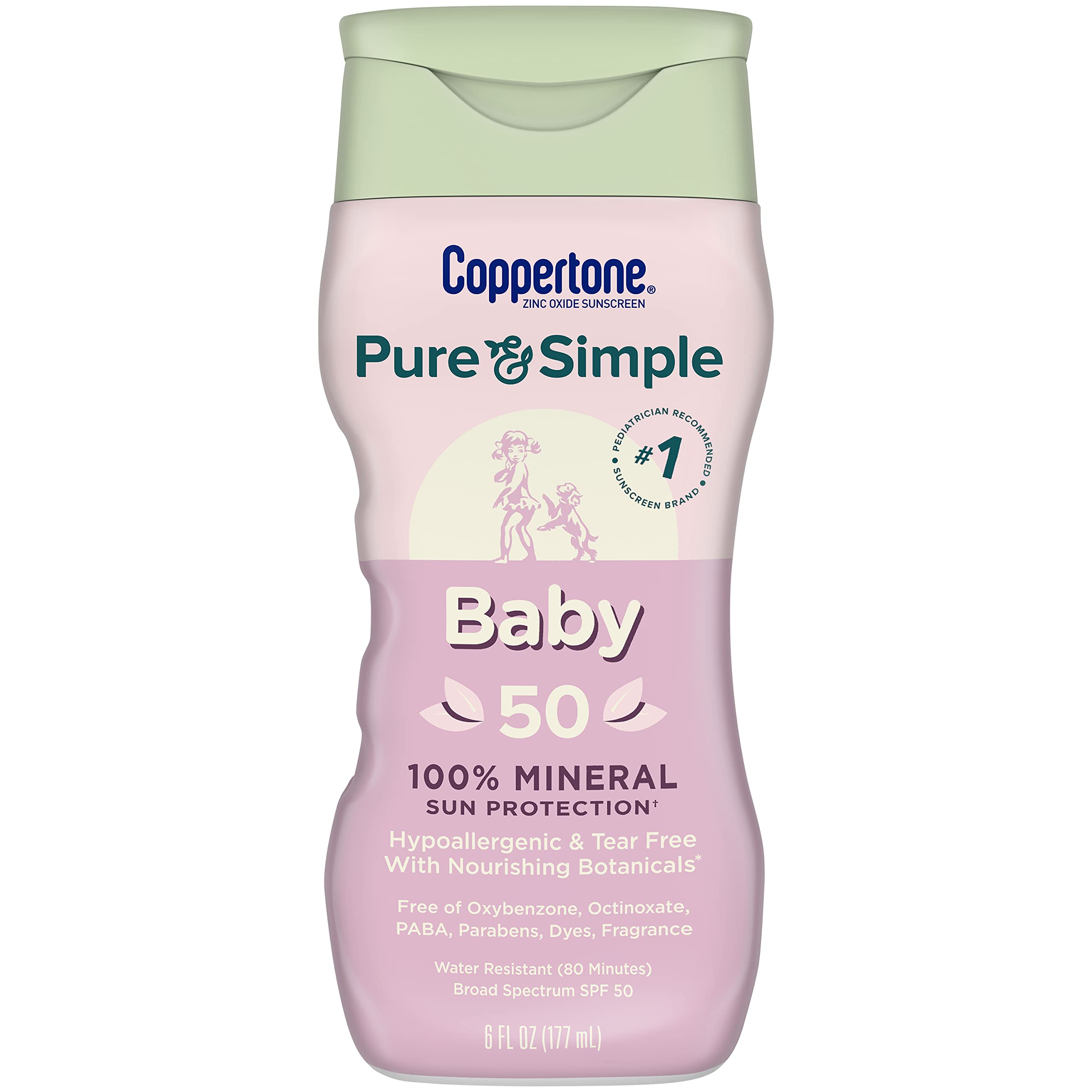 Coppertone Pure and Simple Baby Sunscreen SPF 50 Lotion, Zinc Oxide Mineral Sunscreen for Babies, Tear Free, Water Resistant, Broad Spectrum SPF 50 Sunscreen, 6 Fl Oz Bottle C21 Coppertone