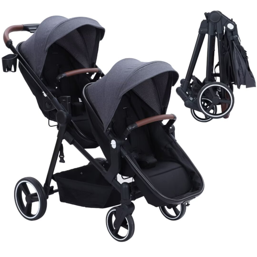 Double Stroller Track Tandem Stroller for Infant and Toddler, Foldable Pushchair Bassinet Pram with Large Storage Basket and Canopy IHEX