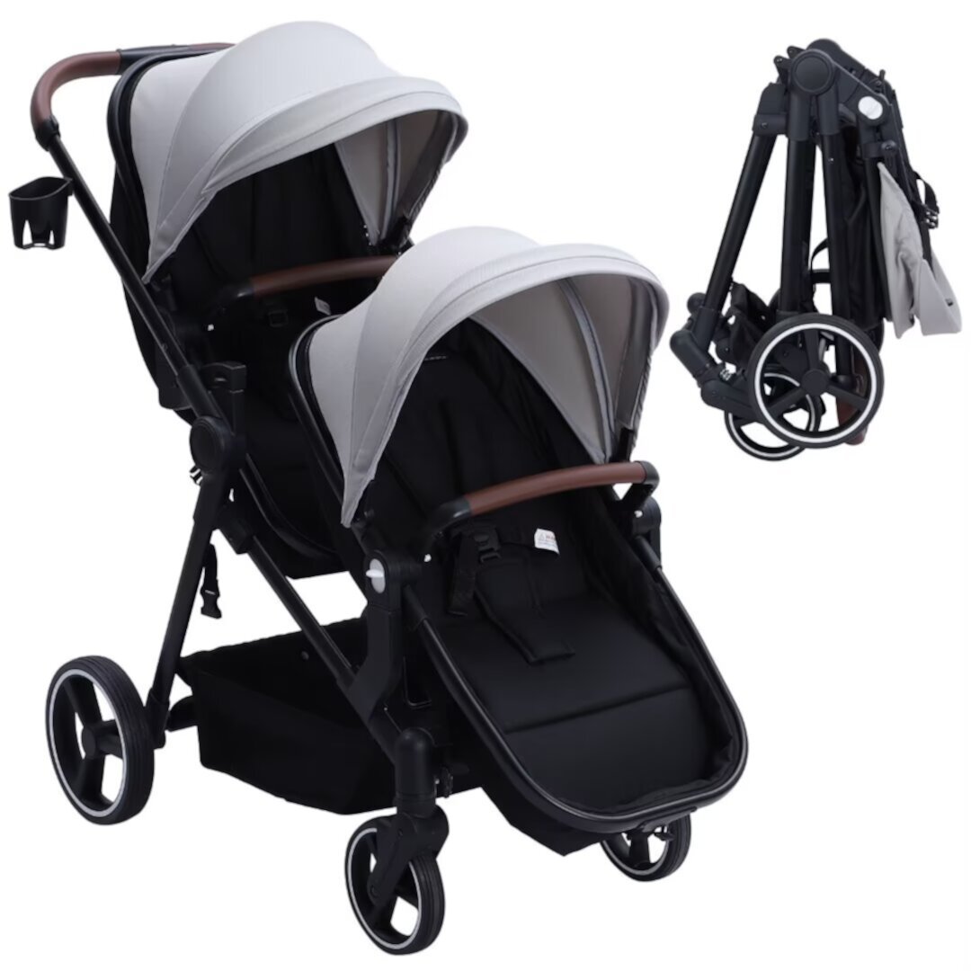 Double Stroller Track Tandem Stroller for Infant and Toddler, Foldable Pushchair Bassinet Pram with Large Storage Basket and Canopy IHEX