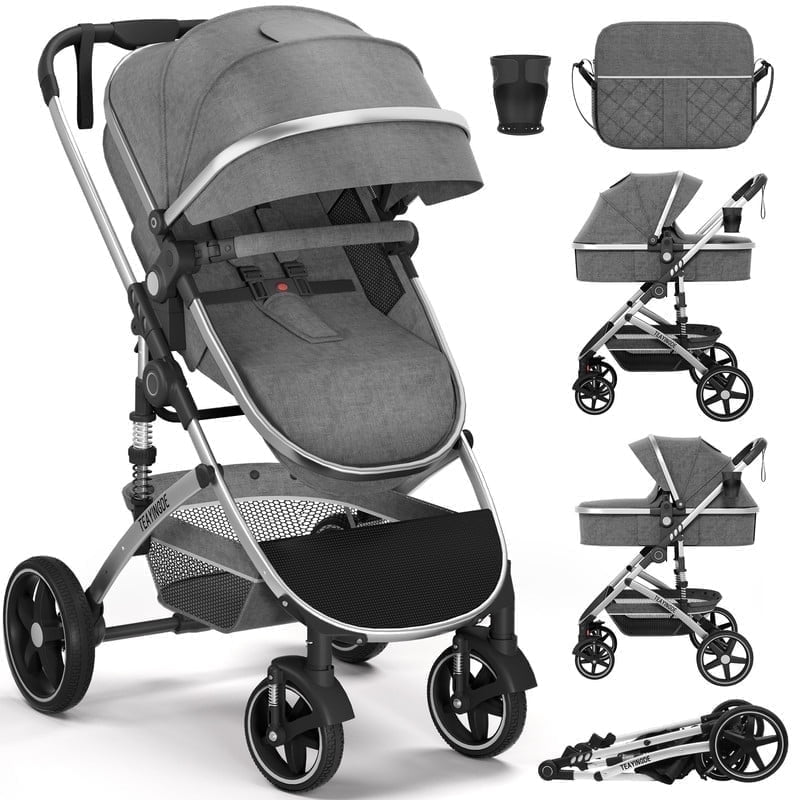 TEAYINGDE 2 in 1 Baby Stroller,Foldable Lightweight Carriage Reversible Bassinet Pram for Toddler,Travel Stroller with with Cup Holder、Storage Bag,Gray TEAYINGDE