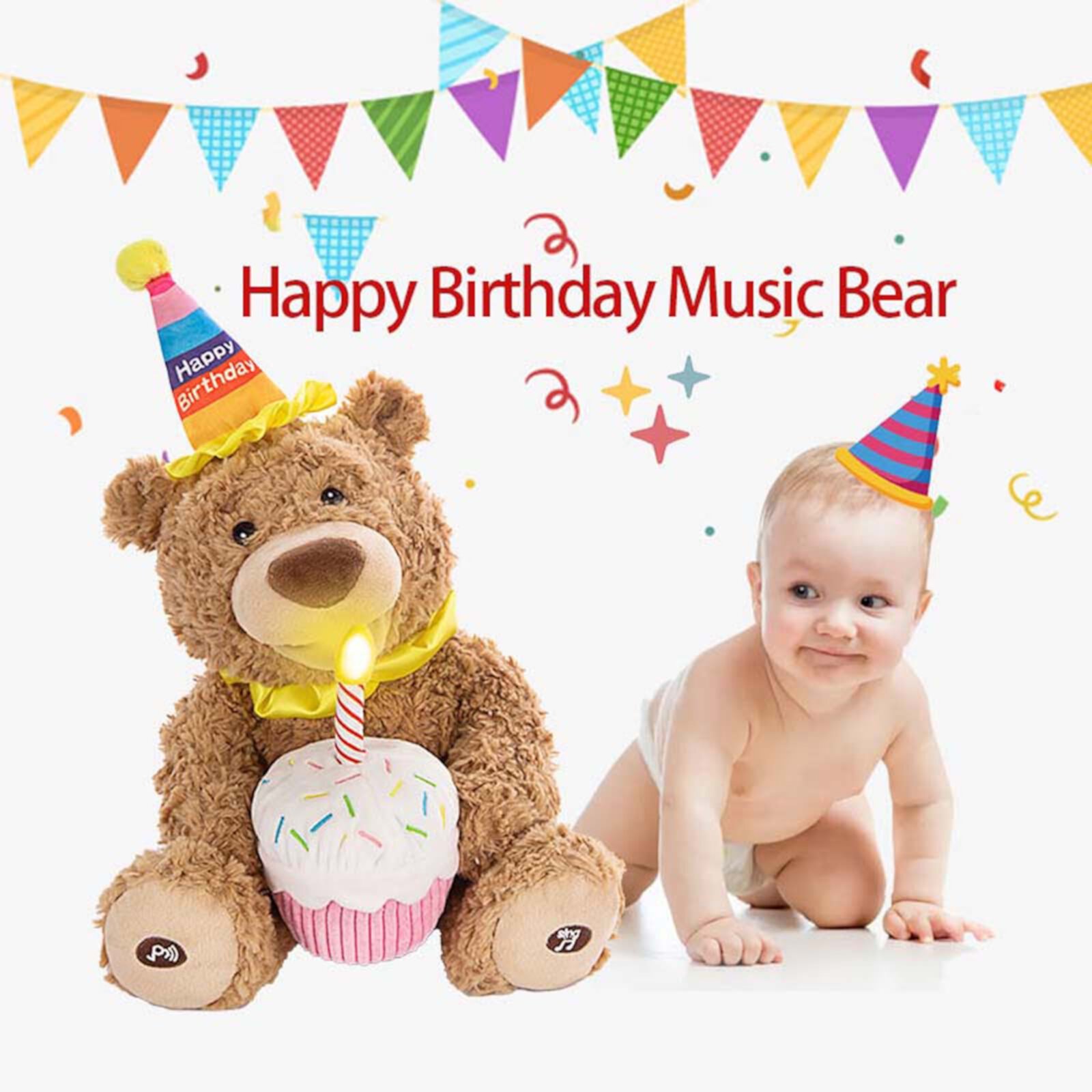 PATLOLAV Birthday Teddy Bear Interactive Animated Stuffed Animal Singing Musical Plush Electric Toy with Cupcake and Glow Candle Gifts for Kids Girls Boys Valentine's Day Holiday, Brown Teddy PATLOLLAV