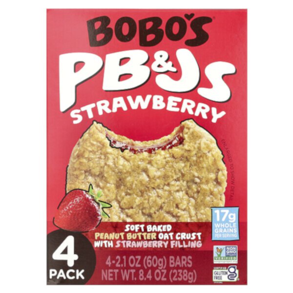 PB&J с клубникой, 4 упаковки по 60 г, 17 г цельных зерен на порцию Bobo's Oat Bars