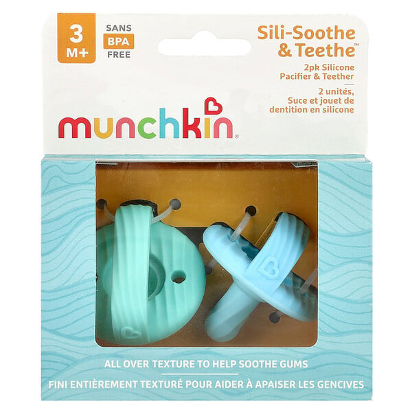 Sili-Soothe & Teethe™, Silicone Pacifier & Teether, 3 Months+, Light Blue & Light Green, 2 Pack Munchkin