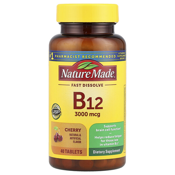 Vitamin B12, Fast Dissolve, Cherry, 3,000 mcg, 40 Tablets Nature Made