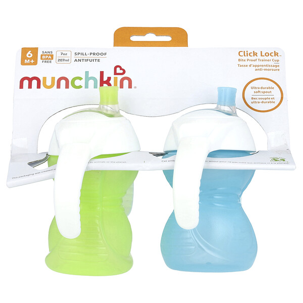 Click Lock™, Bite Proof Trainer Cup, 6 Months+, Light Green & Light Blue, 2 Cups, 7 oz (207 ml) Each Munchkin