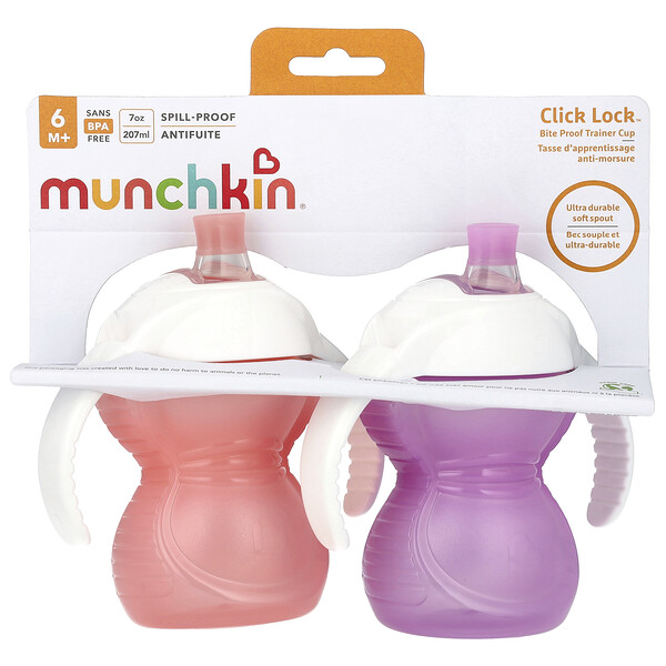 Click Lock™, Bite Proof Trainer Cup, 6 Months+, Light Pink & Light Purple, 2 Cups, 7 oz (207 ml) Each Munchkin