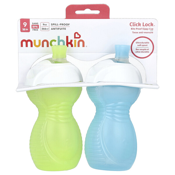 Click Lock™, Bite Proof Sippy Cup, 9 Months+, Light Green & Light Blue, 2 Cups, 9 oz (266 ml) Each Munchkin