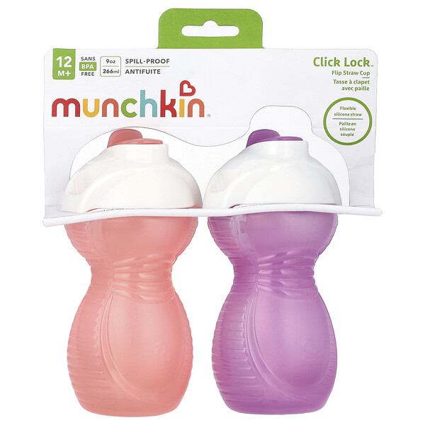 Click Lock™, Flip Straw Cup, 12 Months+, Light Pink & Light Purple, 2 Cups, 9 oz (266 ml) Each Munchkin