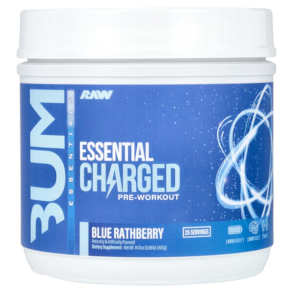 Bum Essentials, Essential Charged Pre-Workout, Blue Rathberry, 0.88 lb (400 g) Raw Nutrition