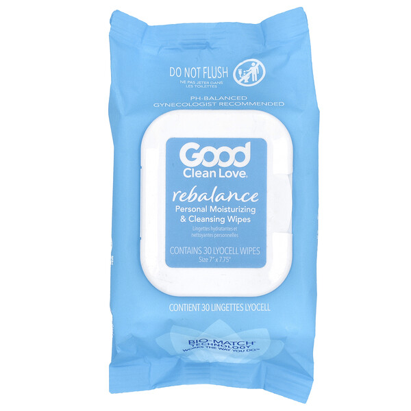 Rebalance, Personal Moisturizing & Cleansing Wipes, Fragrance Free, 30 Lyocell Wipes Good Clean Love