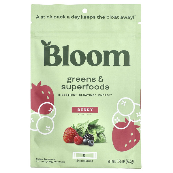 Greens & Superfoods, Berry , 5 Stick Packs, 0.19 oz (Унции) (5.44 g) Each Bloom