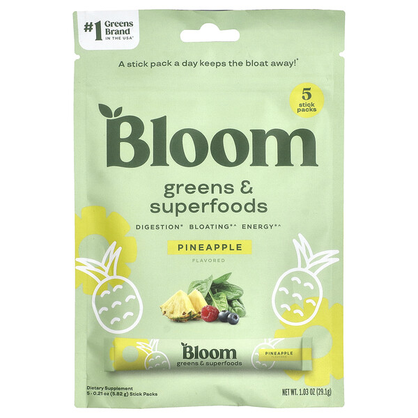 Greens & Superfoods, Pineapple, 5 Stick Packs, 0.21 oz (Унции) (5.82 g) Each Bloom