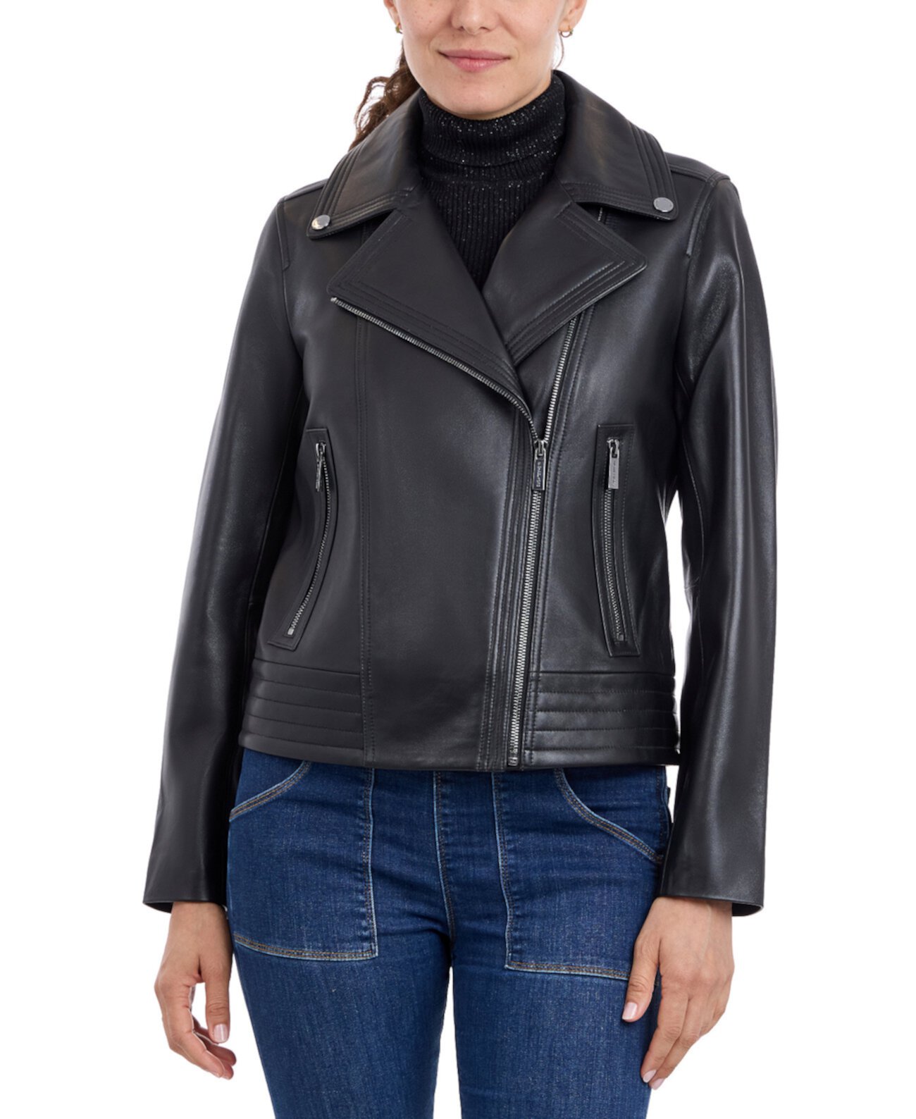 Petite Asymmetric Leather Moto Coat Michael Kors