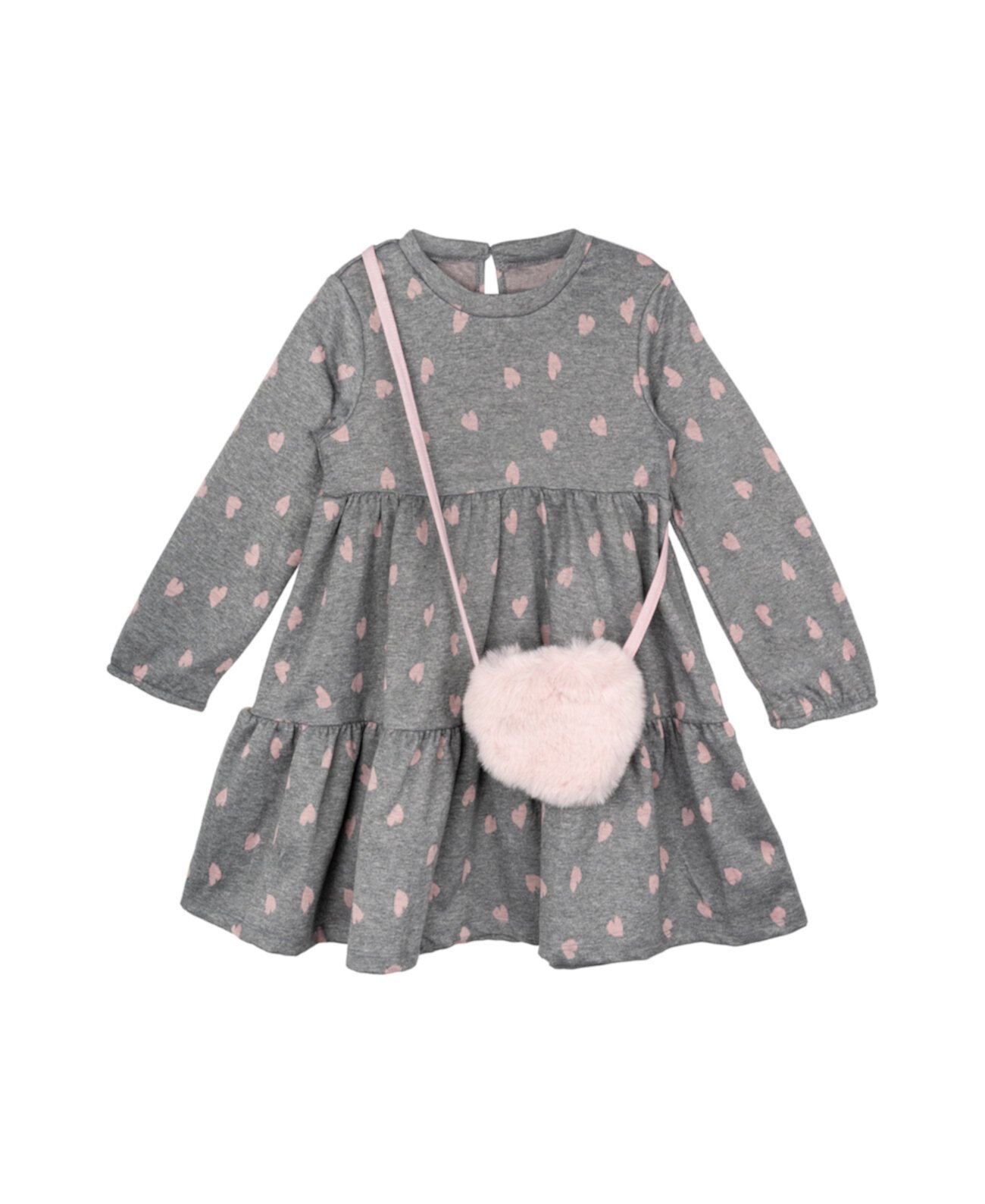 Little Girls Heart Knit Dress with Matching Fuzzy Heart Bag, 2-Piece Set Rare Editions