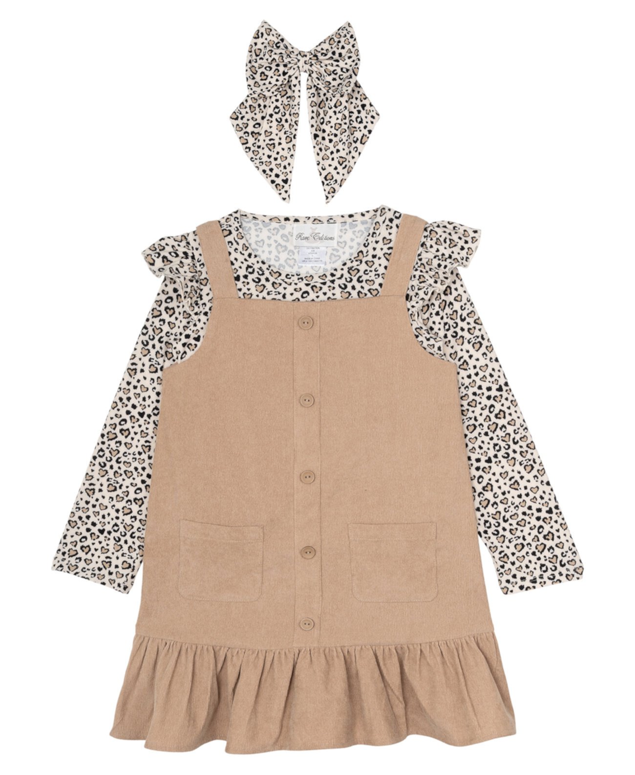 Little Girls Corduroy Jumper with Cheetah Print Tee and Hair Tie, 3-Piece Set Rare Editions