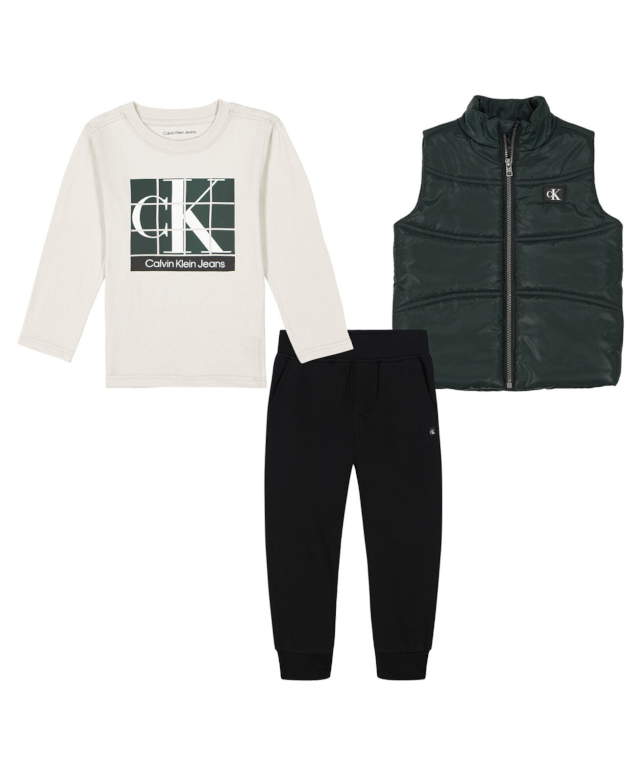 Little Boys Long Sleeve Logo Tee, Fleece Joggers Quilted Puffer Vest 3-Piece Set Calvin Klein