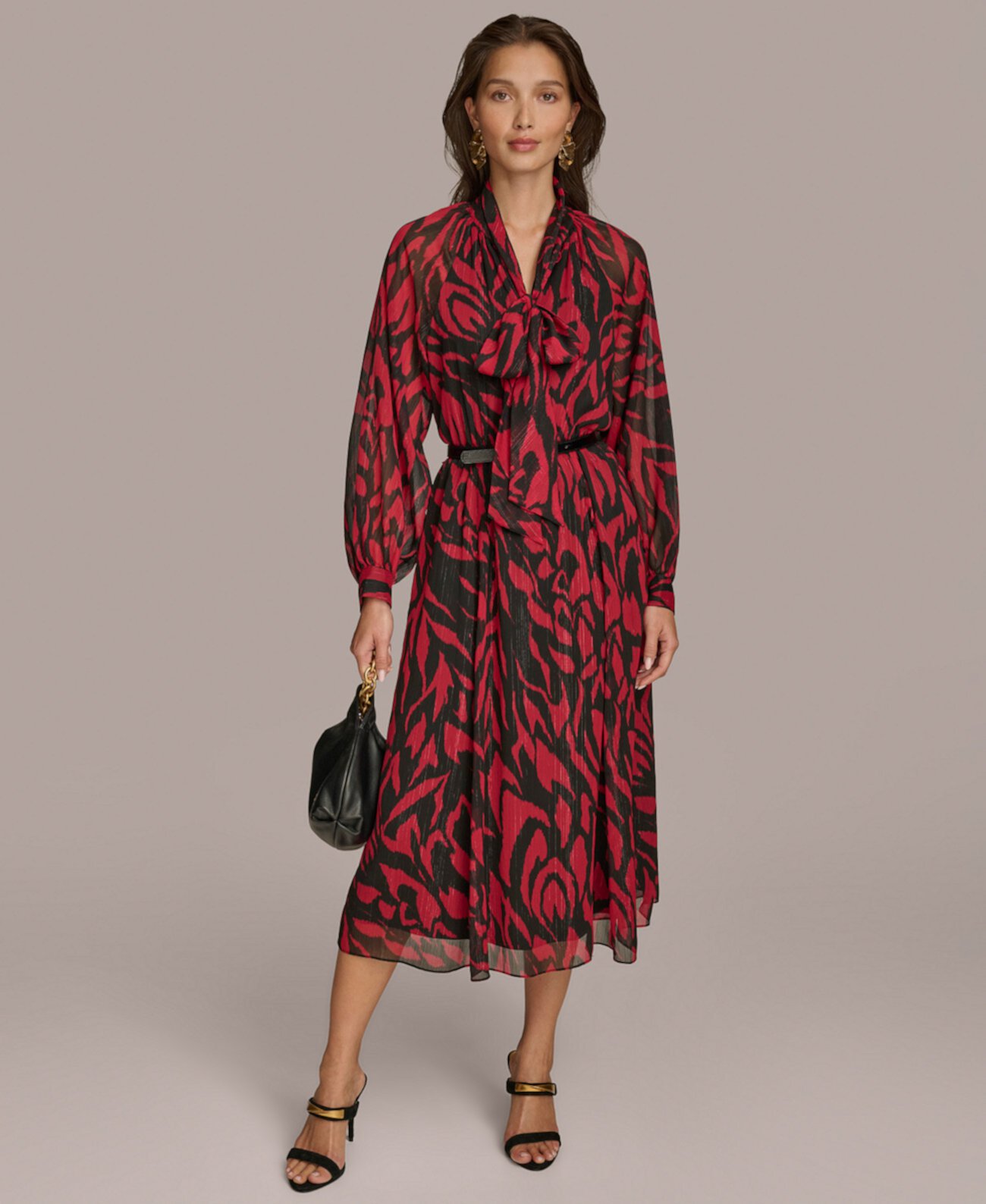 Women's Printed Tie-Neck A-Line Dress Donna Karan New York