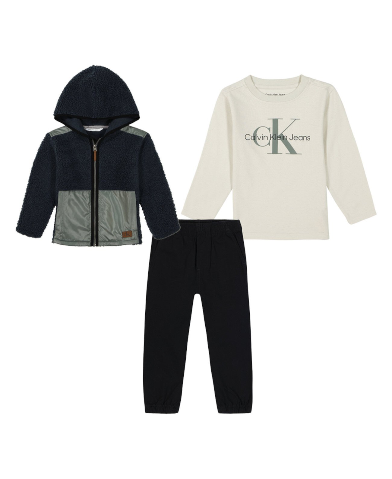 Little Boys Long Short Sleeve Logo Tee, Twill Joggers Zip-Up Berber Jacket 3-Piece Set Calvin Klein