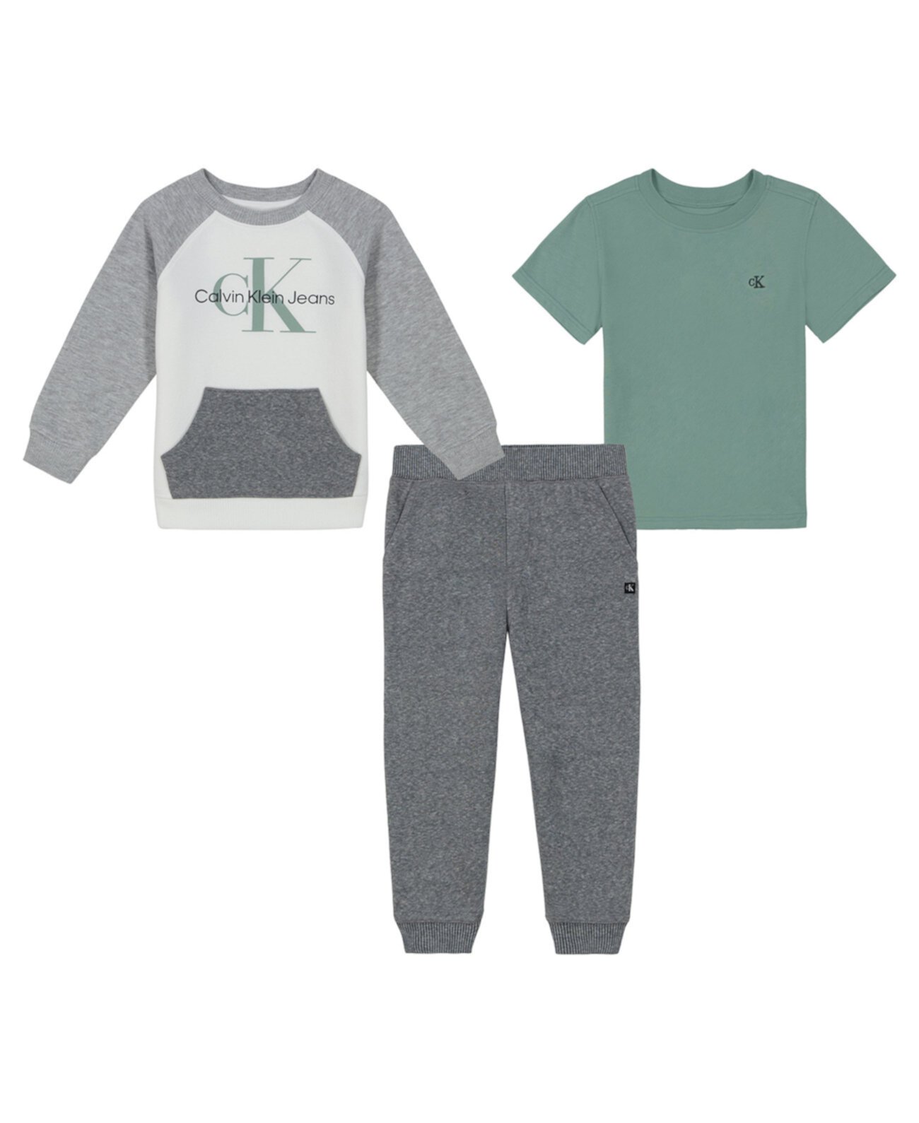 Toddler and Little Boys Short Sleeve Logo Tee, Monogram Raglan Crewneck Joggers 3-Piece Set Calvin Klein