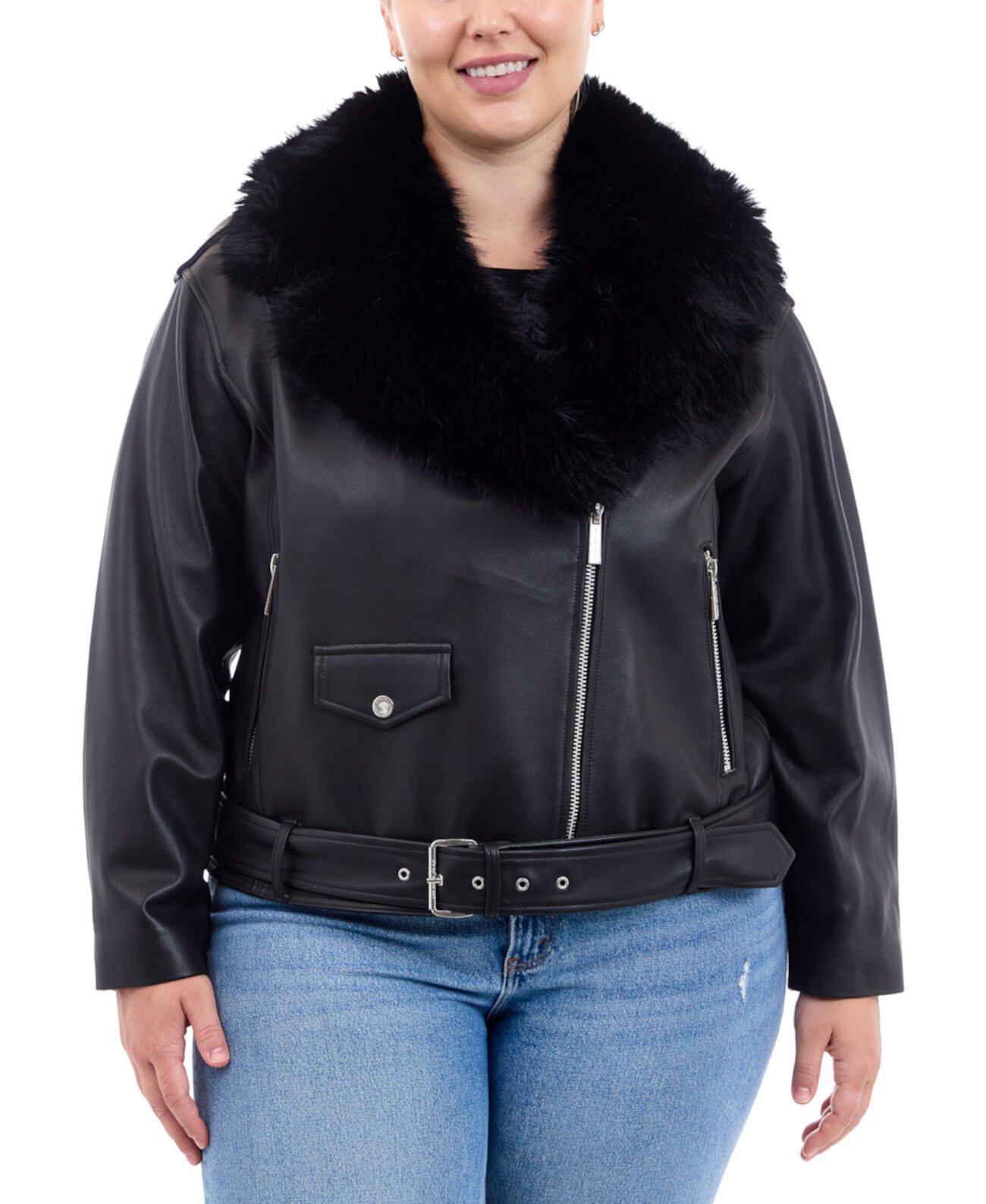 Plus Size Faux-Fur-Collar Leather Moto Coat Michael Kors