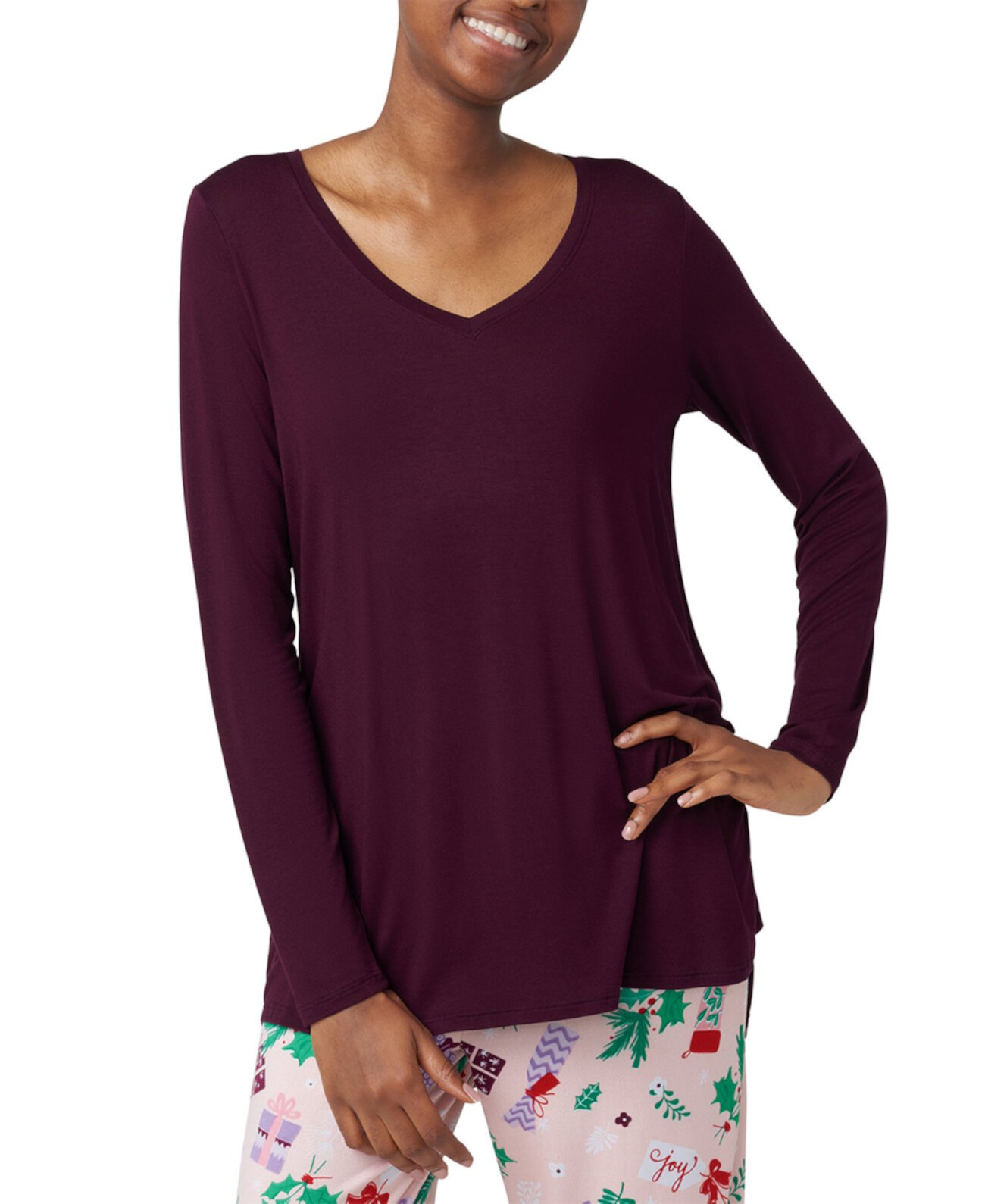 Women's Long-Sleeve V-Neck High-Low Pajama Top HUE