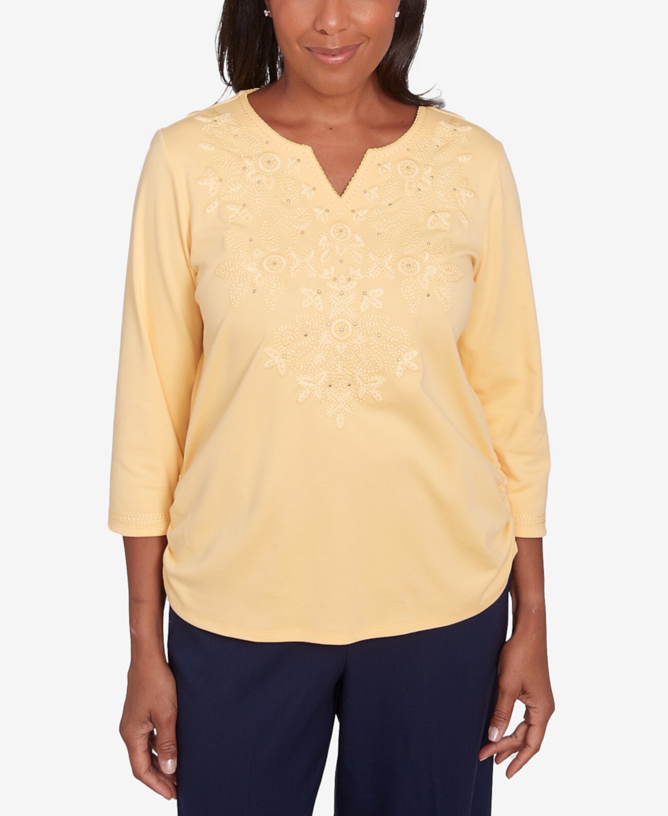 Women's Block Island Tonal Embroidered Ruched Top Alfred Dunner