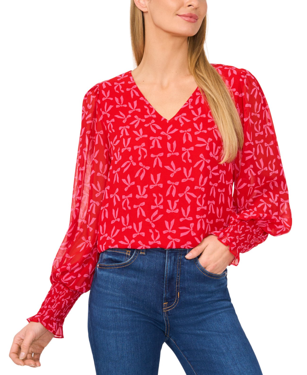 Women's V-Neck Long-Sleeve Smocked-Cuff Blouse CeCe