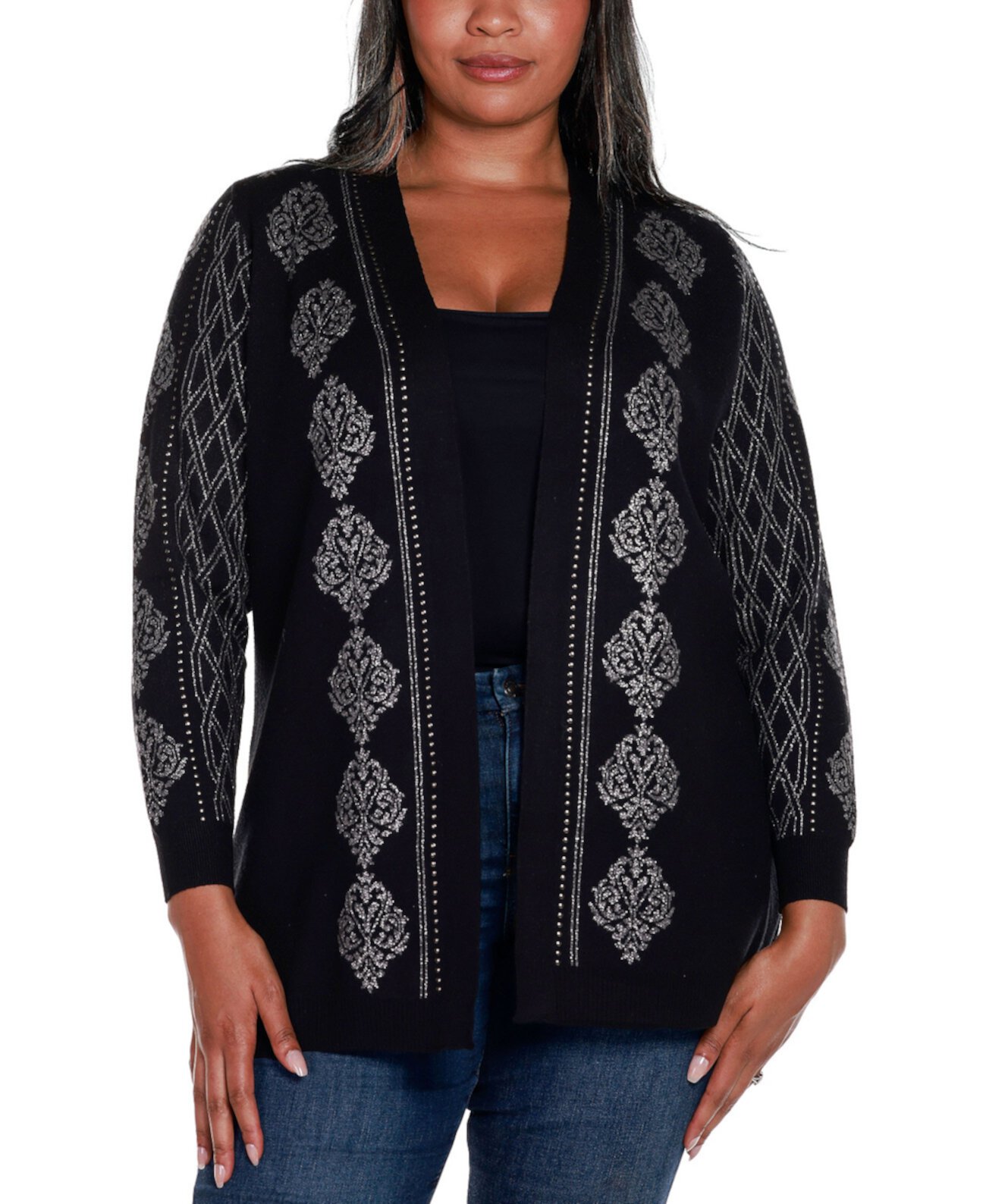 Black Label Plus Size Lurex Jacquard Open-Front Cardigan Sweater Belldini