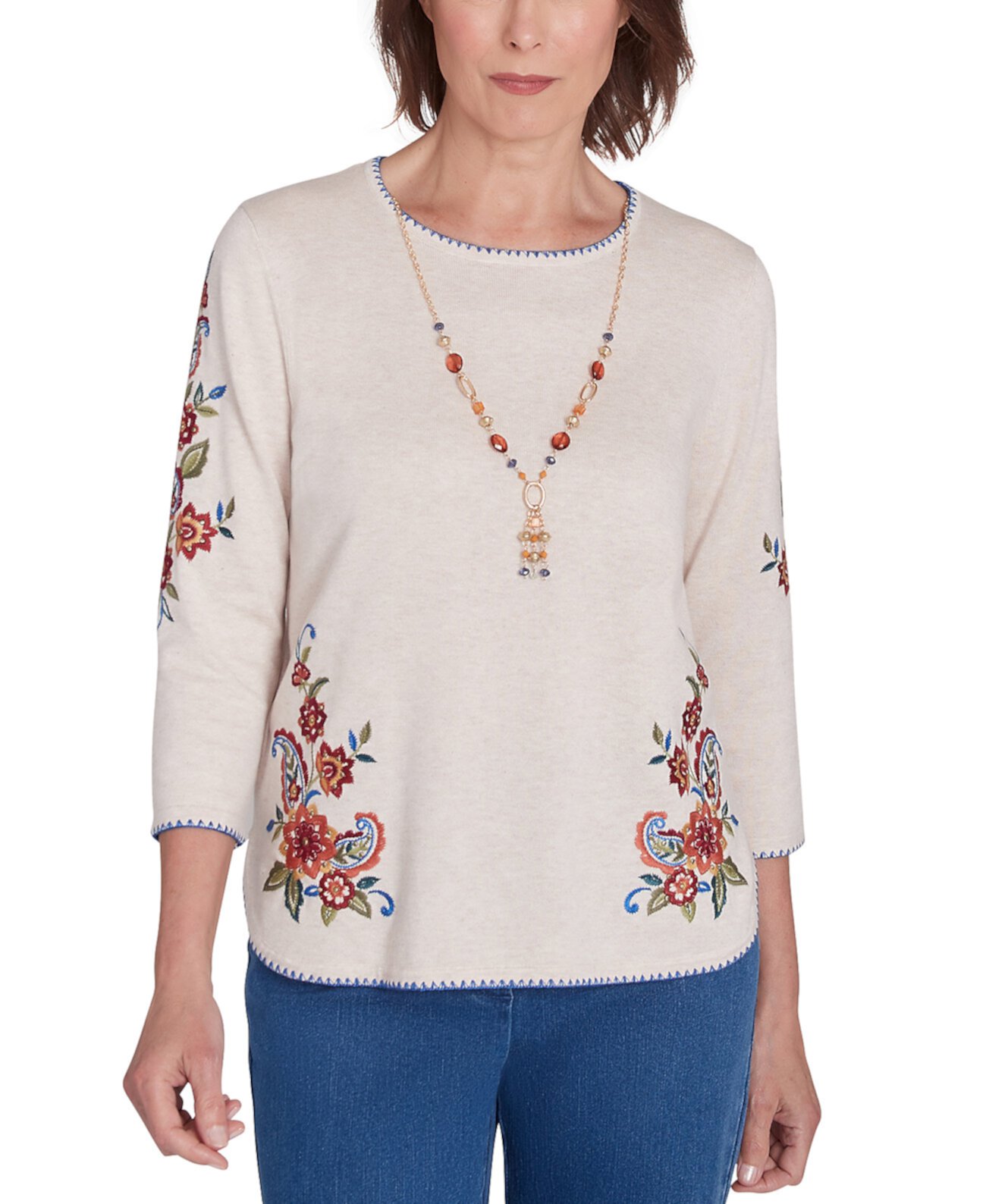 Petite Harvest Moon Paisley Floral Sweater With Necklace Alfred Dunner