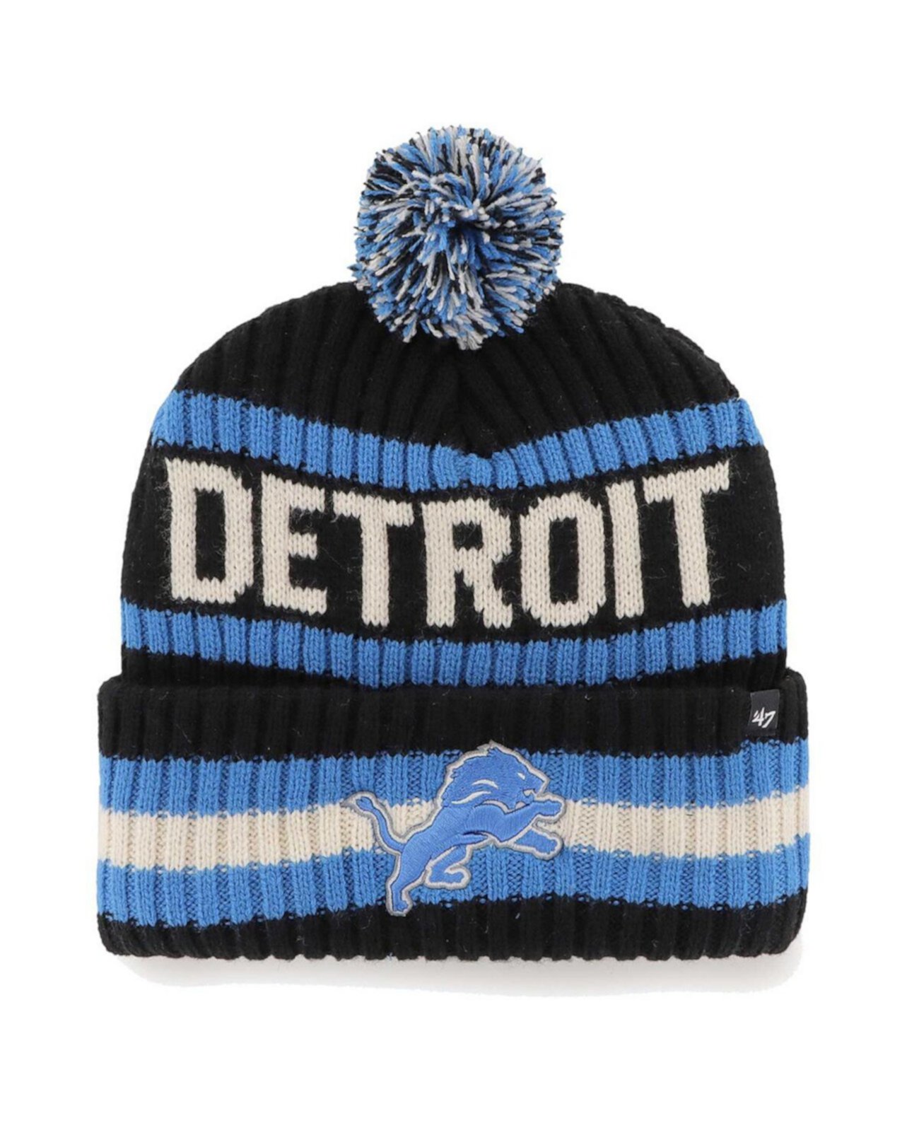 Men's Black Detroit Lions Bering Cuffed Knit Hat with Pom '47 Brand