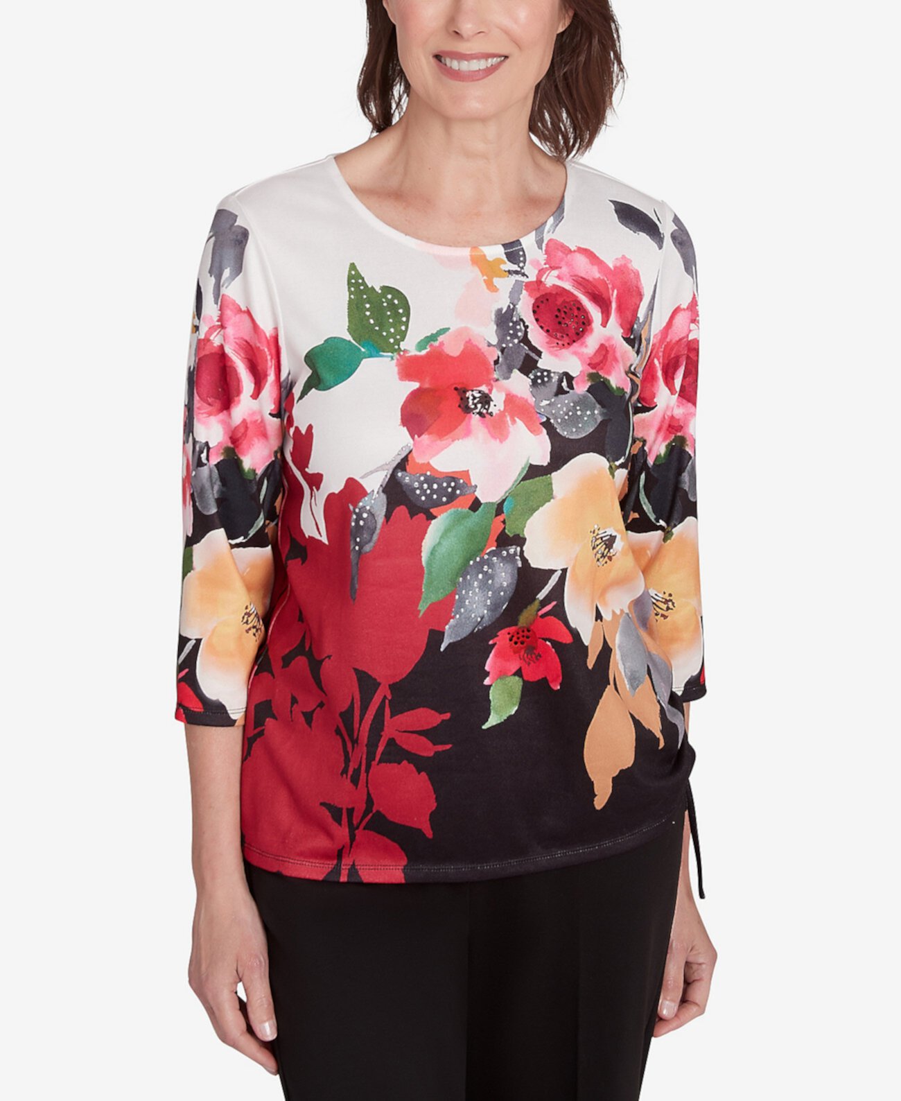 Petite Runway Ready Floral Crew Neck with Drawstring Hem Top Alfred Dunner